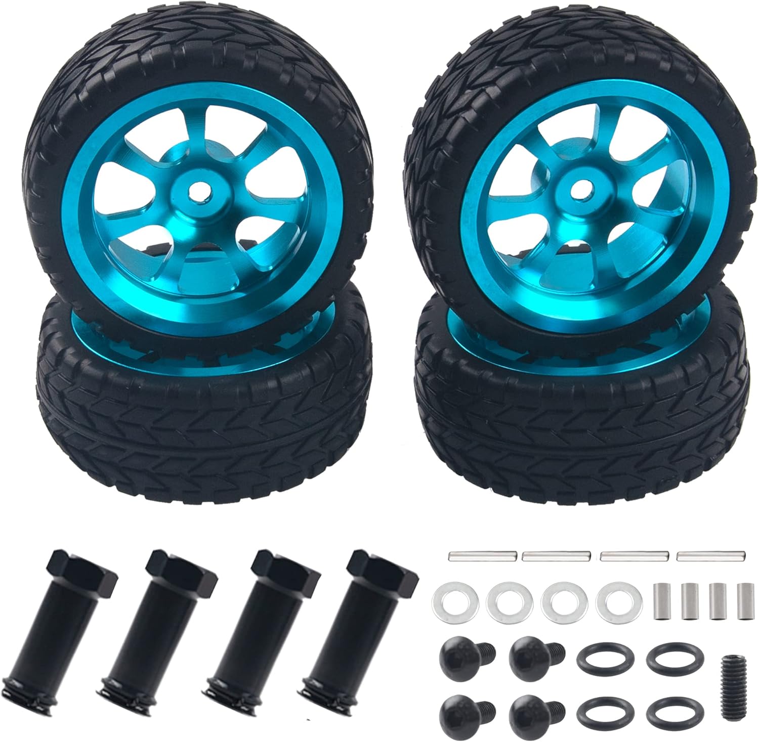 Metal 12mm Hex Hub Wheel Rims & 2.55'' Rubber Tires with 30mm Extension Hex Hub Adapter Compatible with Wltoys 144001 A959 A959-B 124019 124018 1/18 1/14 RC Car (Silver)