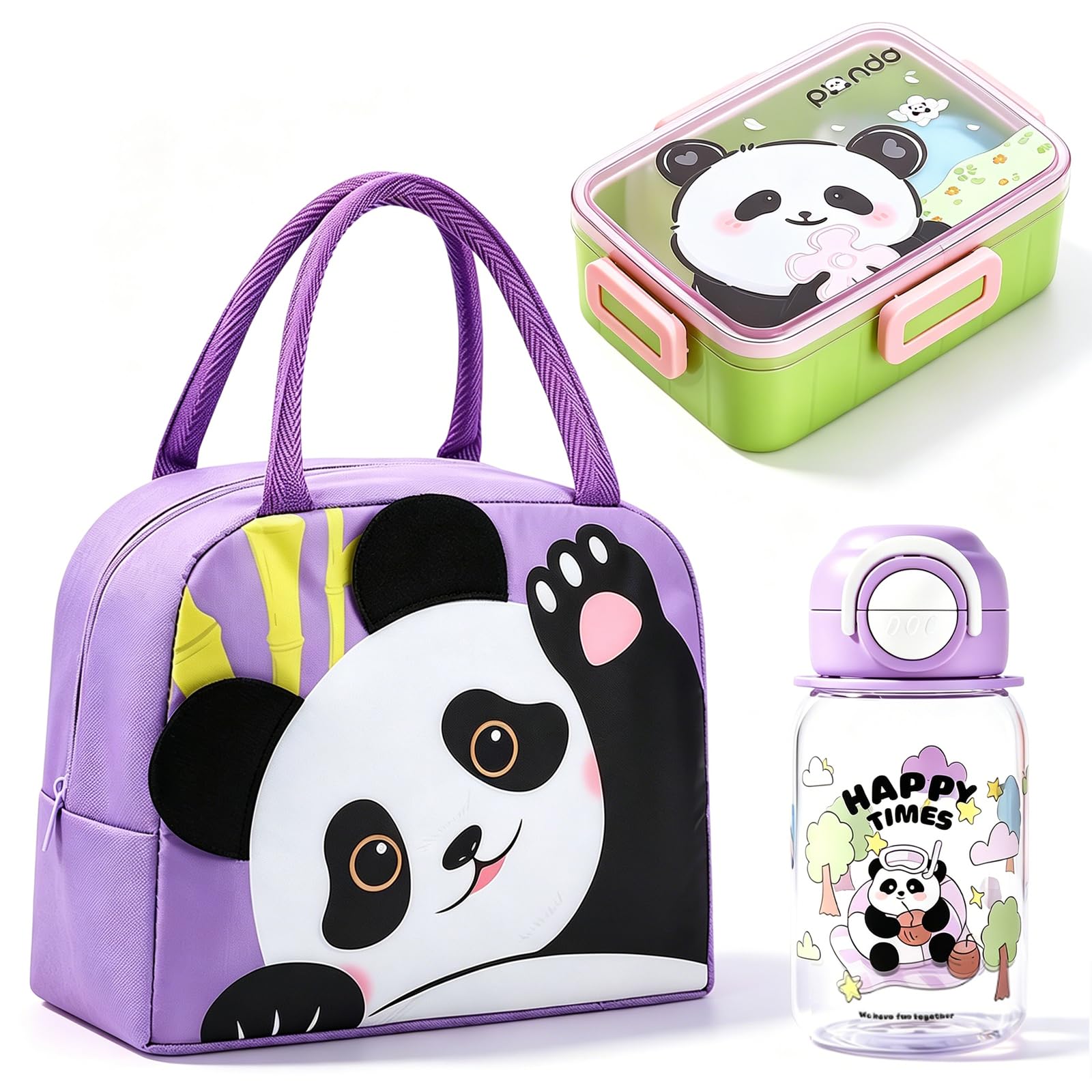 Panda Fiambrera Bento,600ml Bento Lunch Box con Compartimentos,Bolsa Térmica Aislada de Aluminio y Panda Botella de Agua 620ml con Pajita,Cubiertos Caja para Picnic Viajes Trabajo (púrpura)