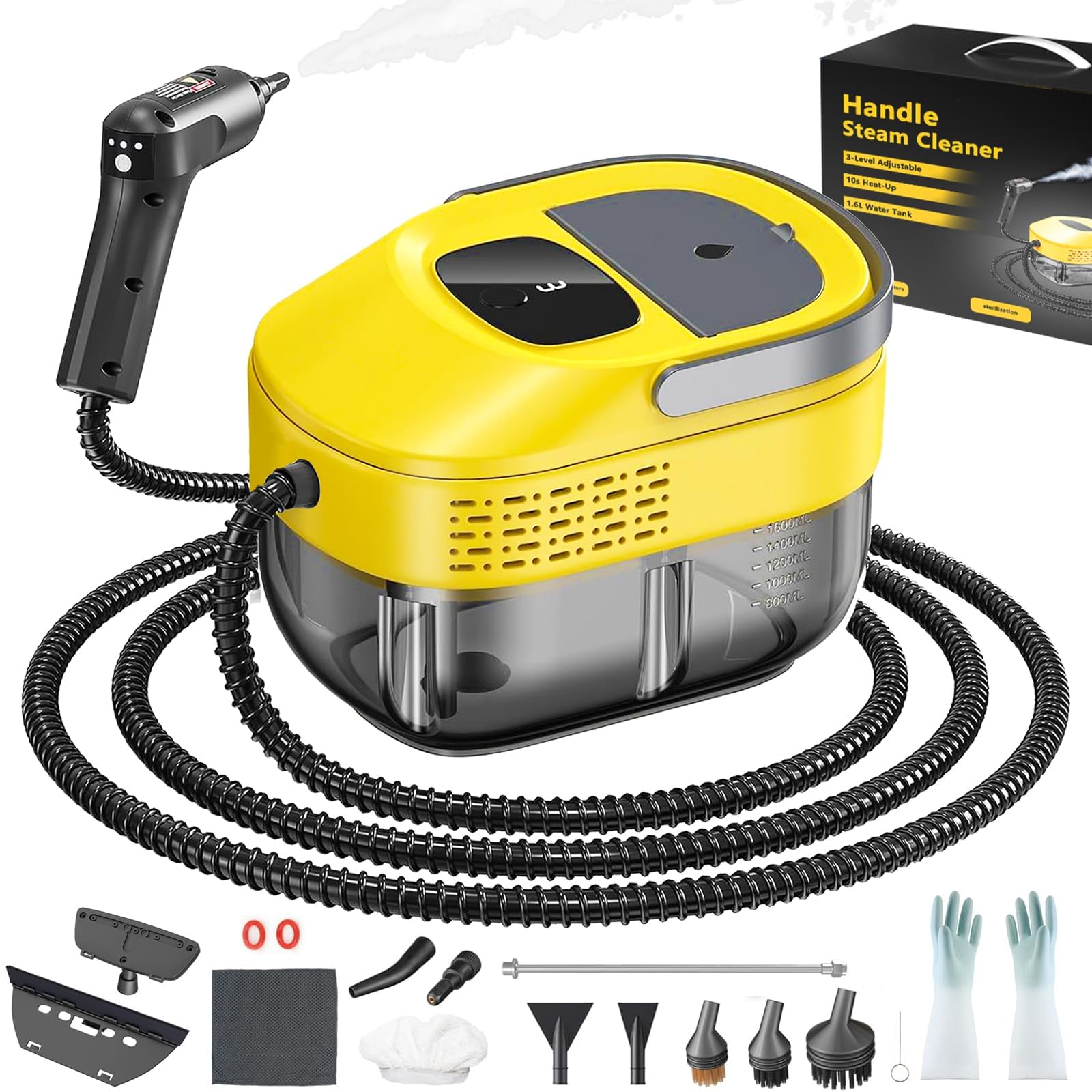 2026 neu 3-stufig einstellbarer dampfreiniger handgerät, 10 Sekunden Aufheizzeit und 1600 ml großer Tank Handdampfreiniger, Dampfreiniger für Haushalt und Auto, Küche, Fenstern (Yellow, 1 Set)