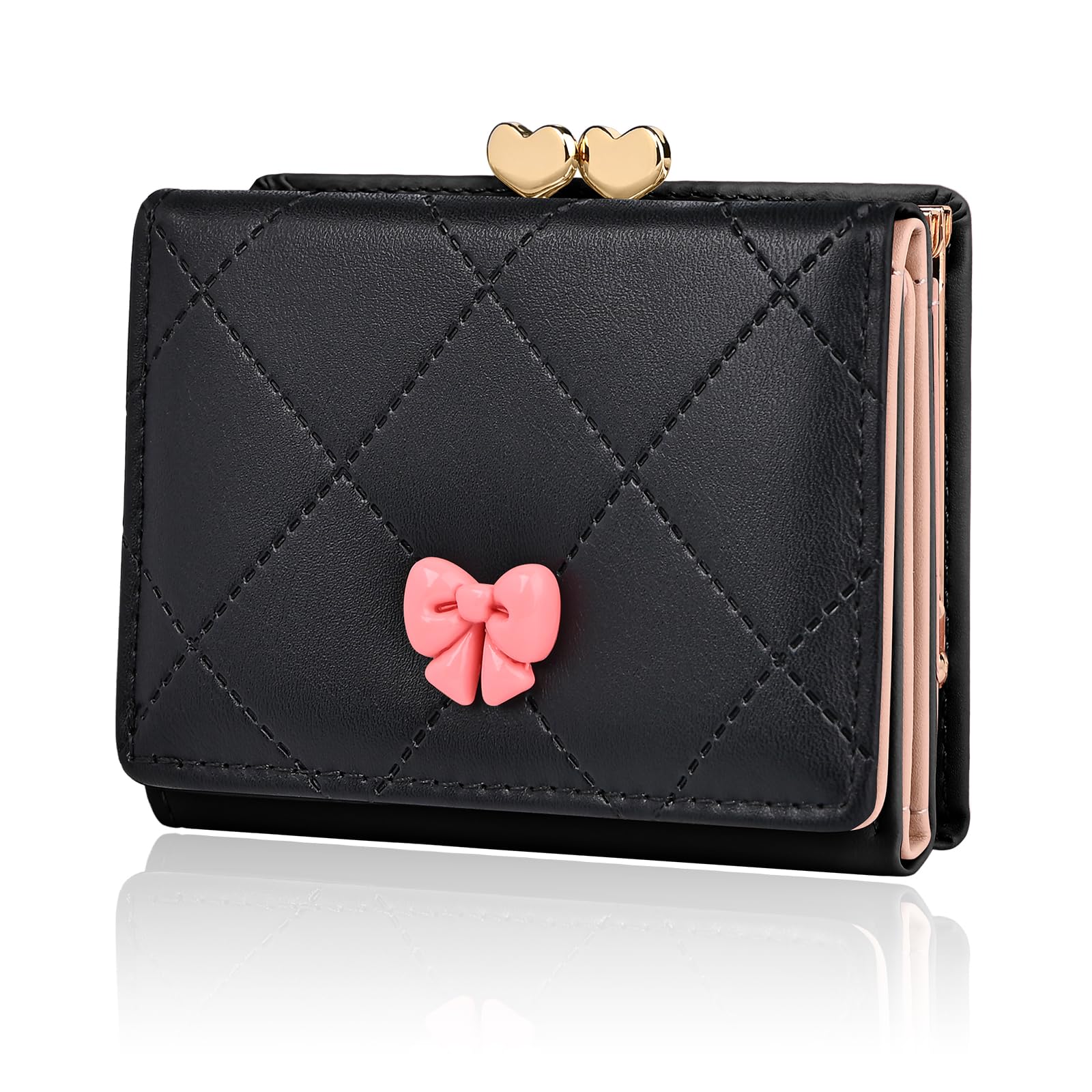 Denovin Wallet Women, Cute Small Black Coquette Bow Trifold Wallets Woman, Heart Shape Kiss-lock Business Credit Card Coin Holder Purse Pocket for Cash Key Change (Black)