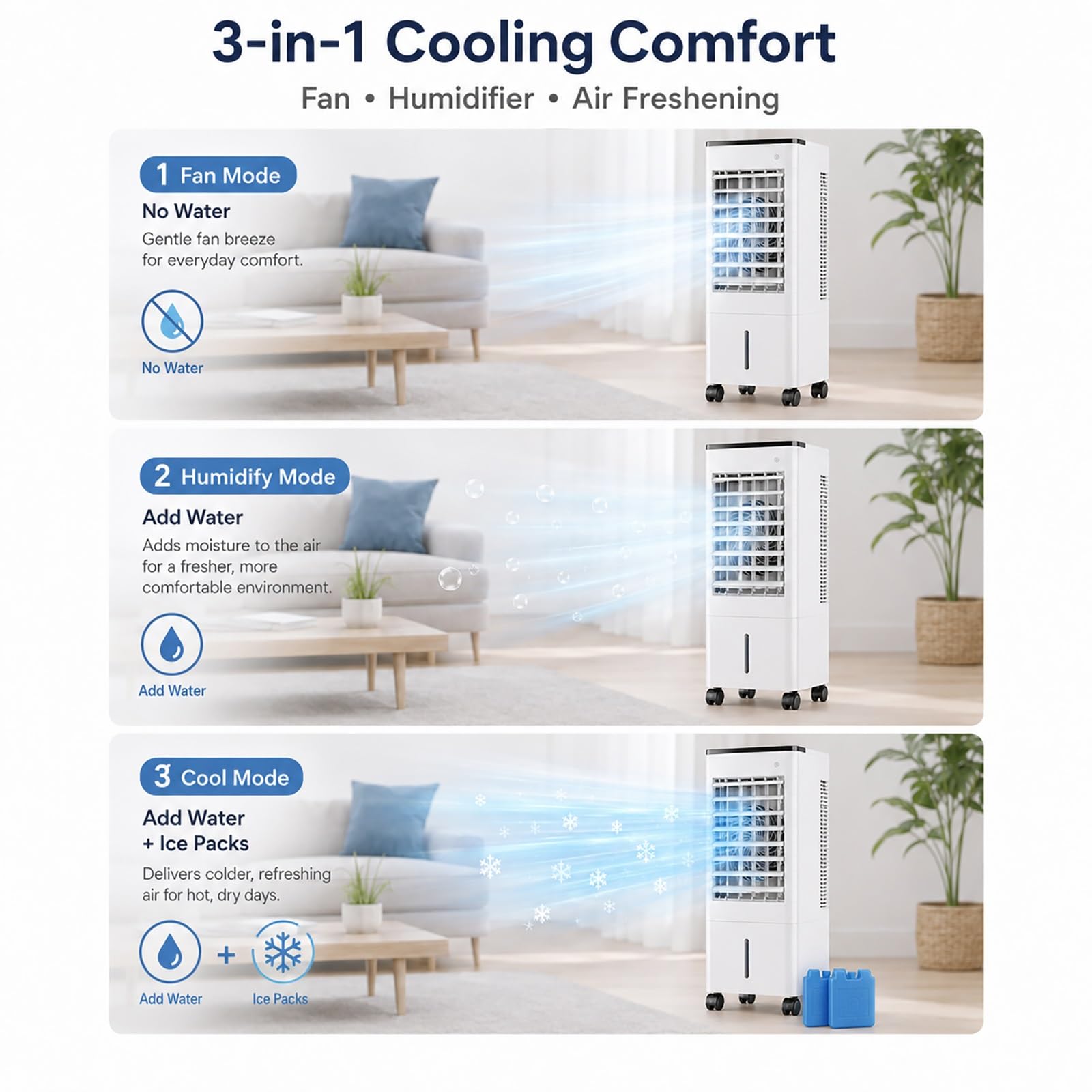 Climatizador Evaporativo 3 en 1, Mover Enfriador de Aire con Depósito Agua, Ideal para Hogar, Cocina, Dormitorio