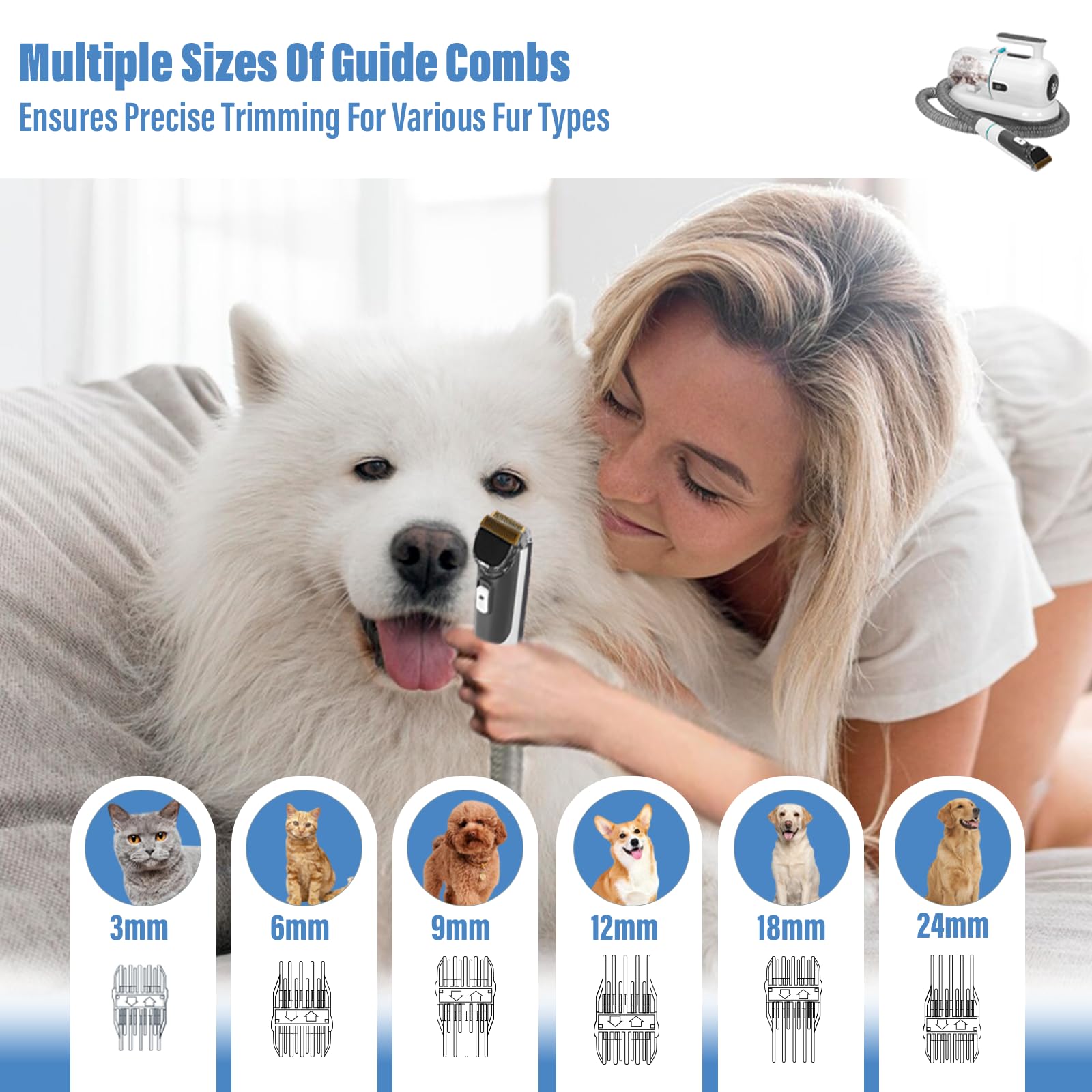 S7 P1 Pro - Kit de aseo para mascotas y succión al vacío 99% de pelo de mascotas, cortaúñas profesionales con 5 herramientas de aseo probadas para perros, gatos y otros animales (blanco)