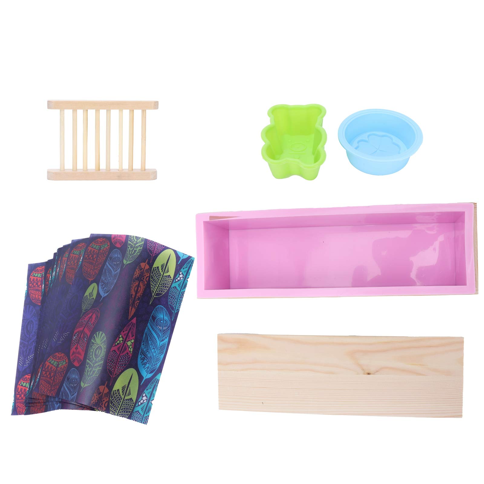 Juego de moldes de silicona para jabón DIY con rejilla para jabón en caja de madera y papel de regalo para jabón y horneado (Rosa)