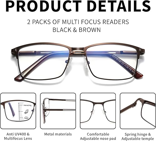 Miniatura 5 de Gafas de lectura progresivas multienfoque para hombre, sin línea, transición, multifocal, luz azul, lentes de marco ancho de metal