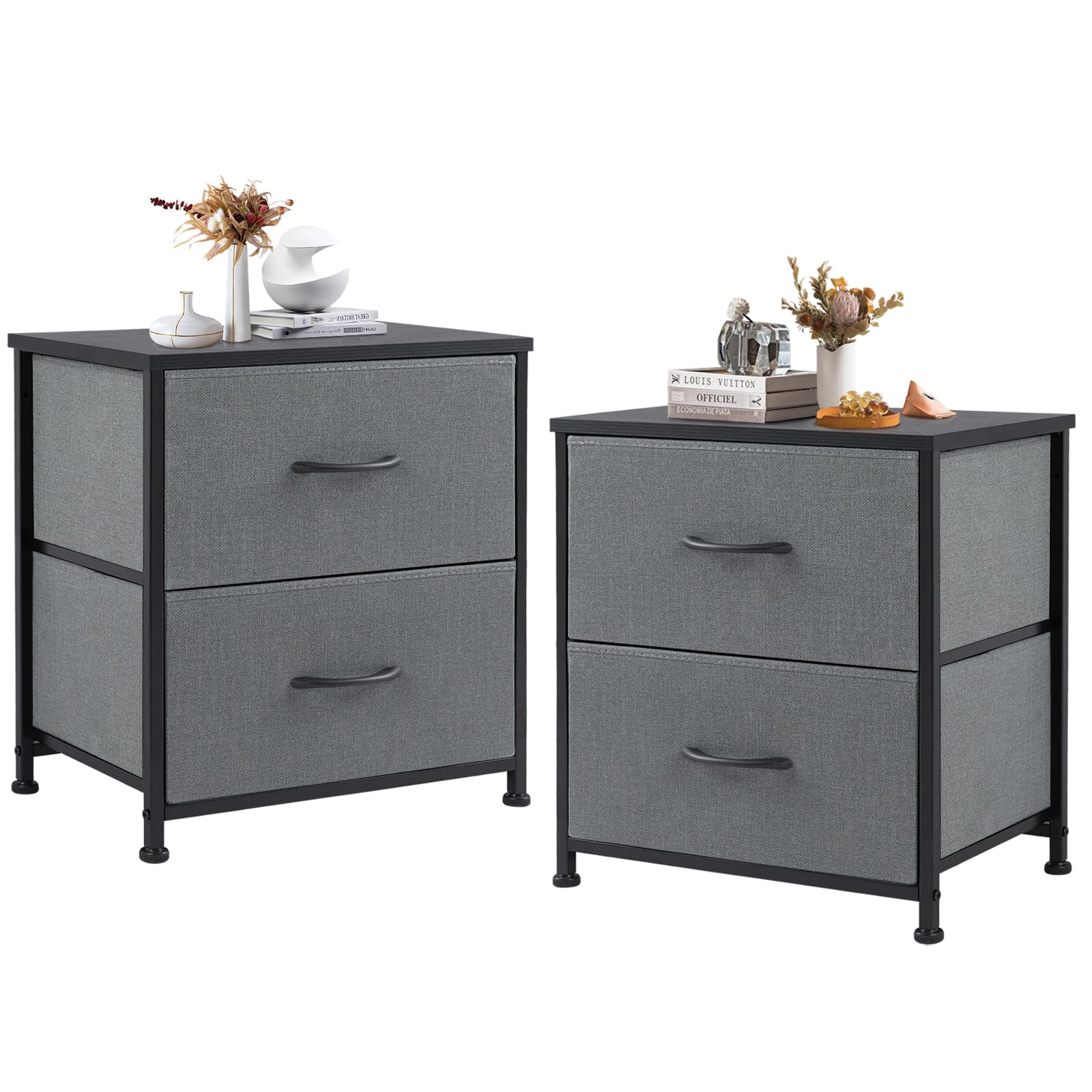 DUMOS Nightstand Set of 2, Small Dresser with 2 Fabric Drawers Side Tables Bedroom End Table Kids Bedside Storage Furniture for 25 inch Tall Night Stand for Closet, Entryway, College Dorm, Grey