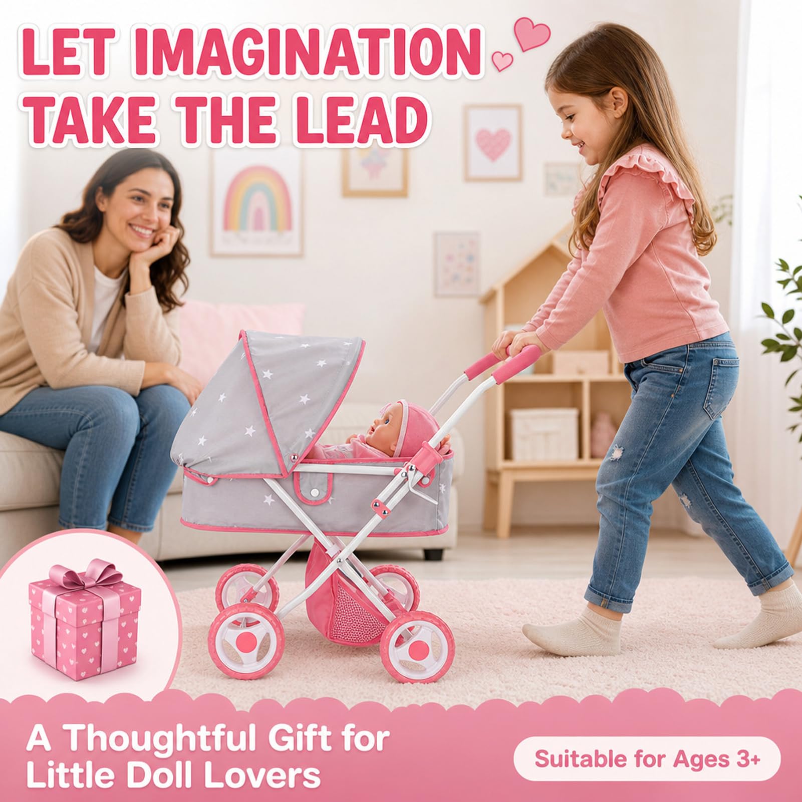 Bebamour Set passeggino 2 in 1 con culla rimovibile e giocattoli per bambini piccoli (grigio)