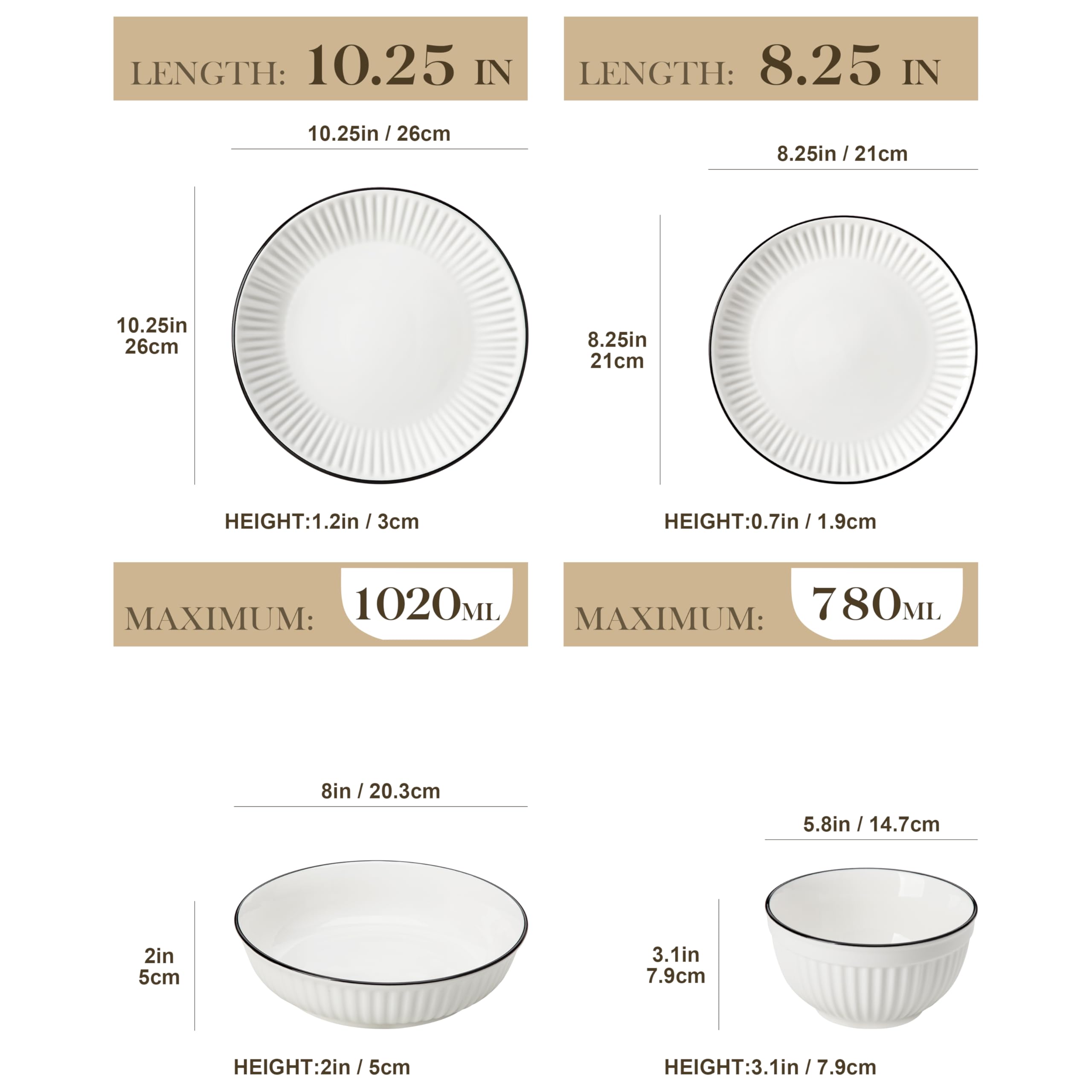 MALACASA Servizio di Piatti in Porcellana per 6 Persone, 24 Pezzi Set Piatti Moderni con Rilievo a Motivi Ondulati, Bianco con Bordi Neri - Serie LEILA