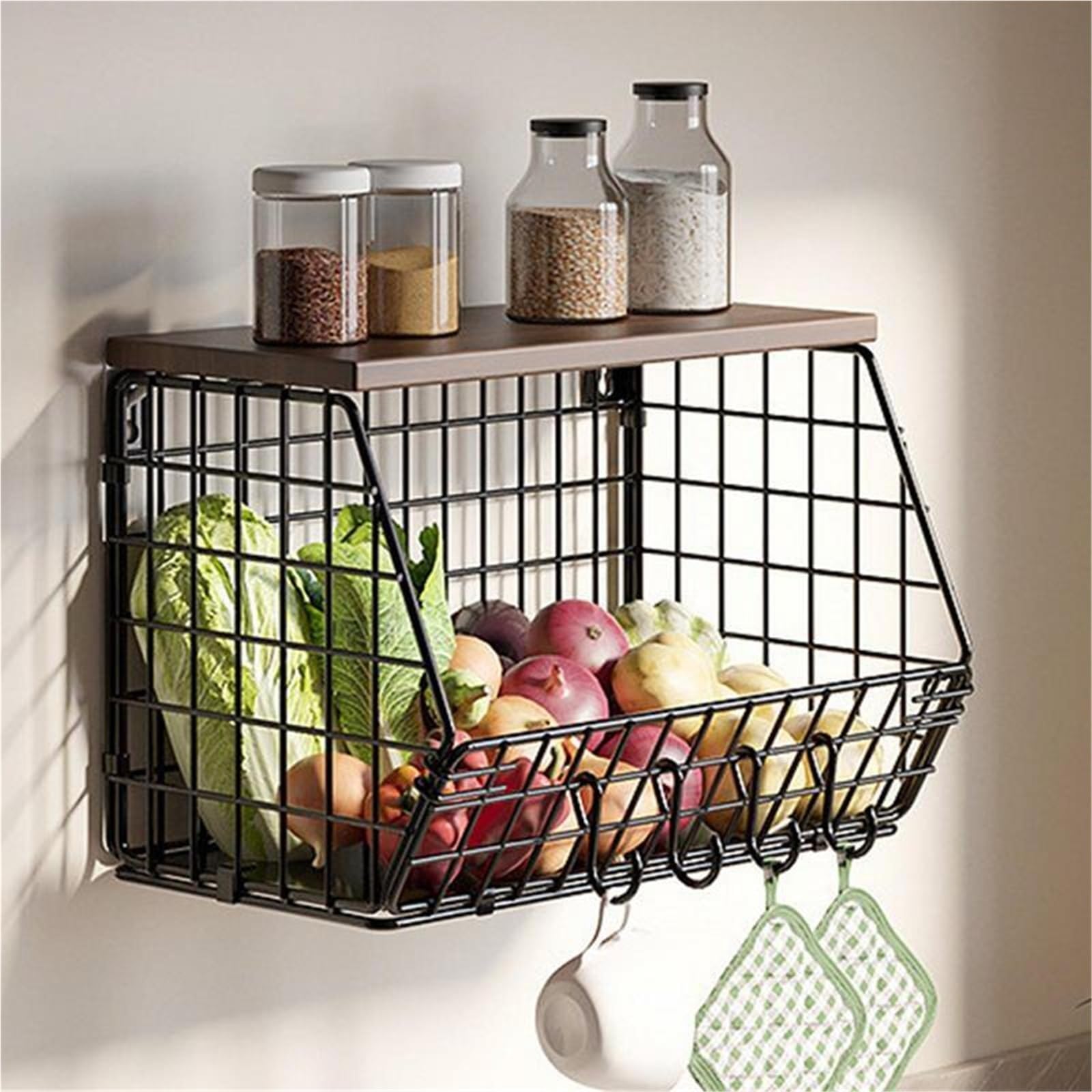 Fruit Vegetable Basket Snack Organizer Wall Mount Kitchen Metal Storage With Hook Countertop Pour Maison(S)