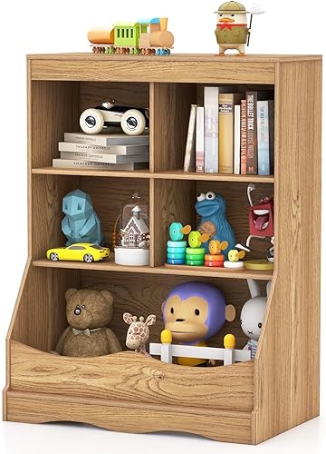 Miniatura 10 de LDAILY Estantería para niños, muebles de dormitorio para niños con 4 cubos, 1 compartimento abierto, estantería de guardería con dispositivo