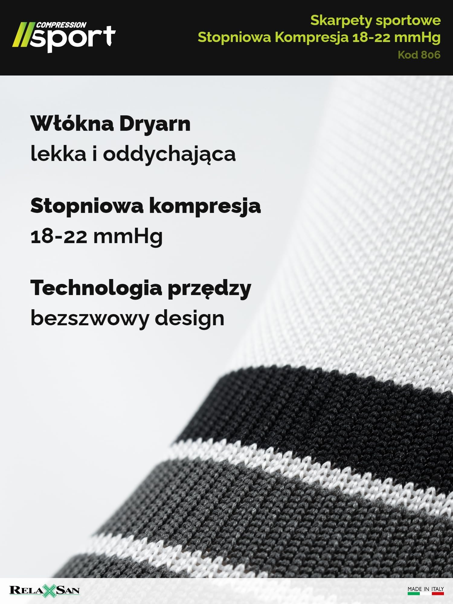 Relaxsan Skarpety Kompresyjne Sportowe dla Mężczyzn i Kobiet, 18-22 mmHg, Oddychające, Made in Italy, 806