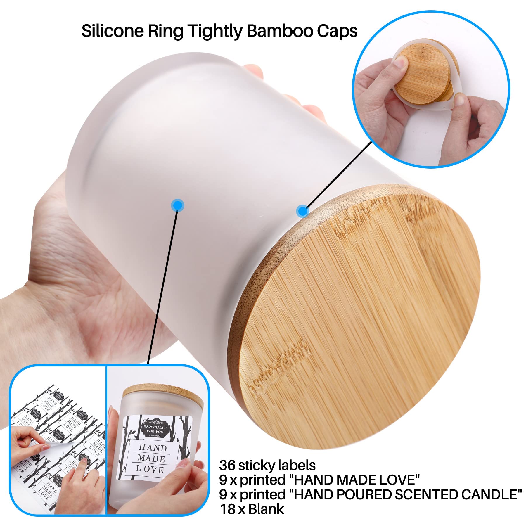 Aminigram 12 Pack, 10 OZ Frosted Candle Jars with Bamboo Lids, Empty Matte White Glass Candle Jars for Making Candles, Morden Kitchen Bathroom Small Things Container - Bonus 36 Sticky Labels