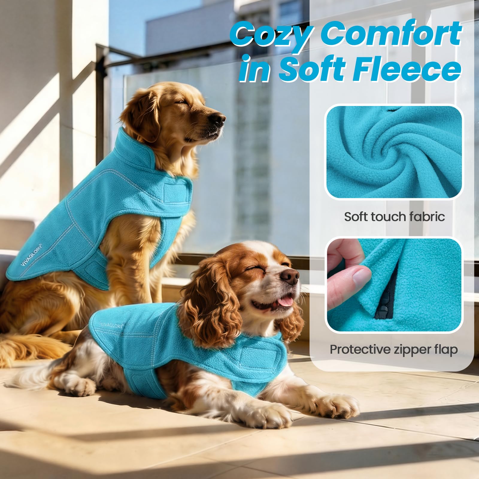 VIVAGLORY Gilet en Polaire pour Chien, Pull Chaud pour Temps Froid, Vêtements d’Hiver Ajustables, Manteau Réfléchissant, Petite Taille, Turquoise