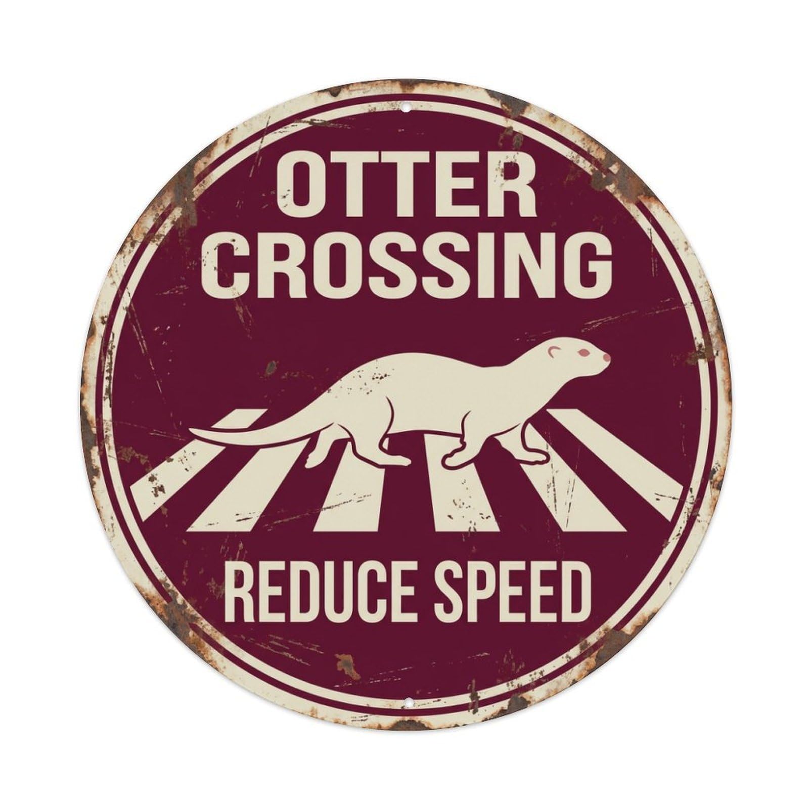 Metal Tin Sign Otter Crossing Reduce Speed Distressed 1
