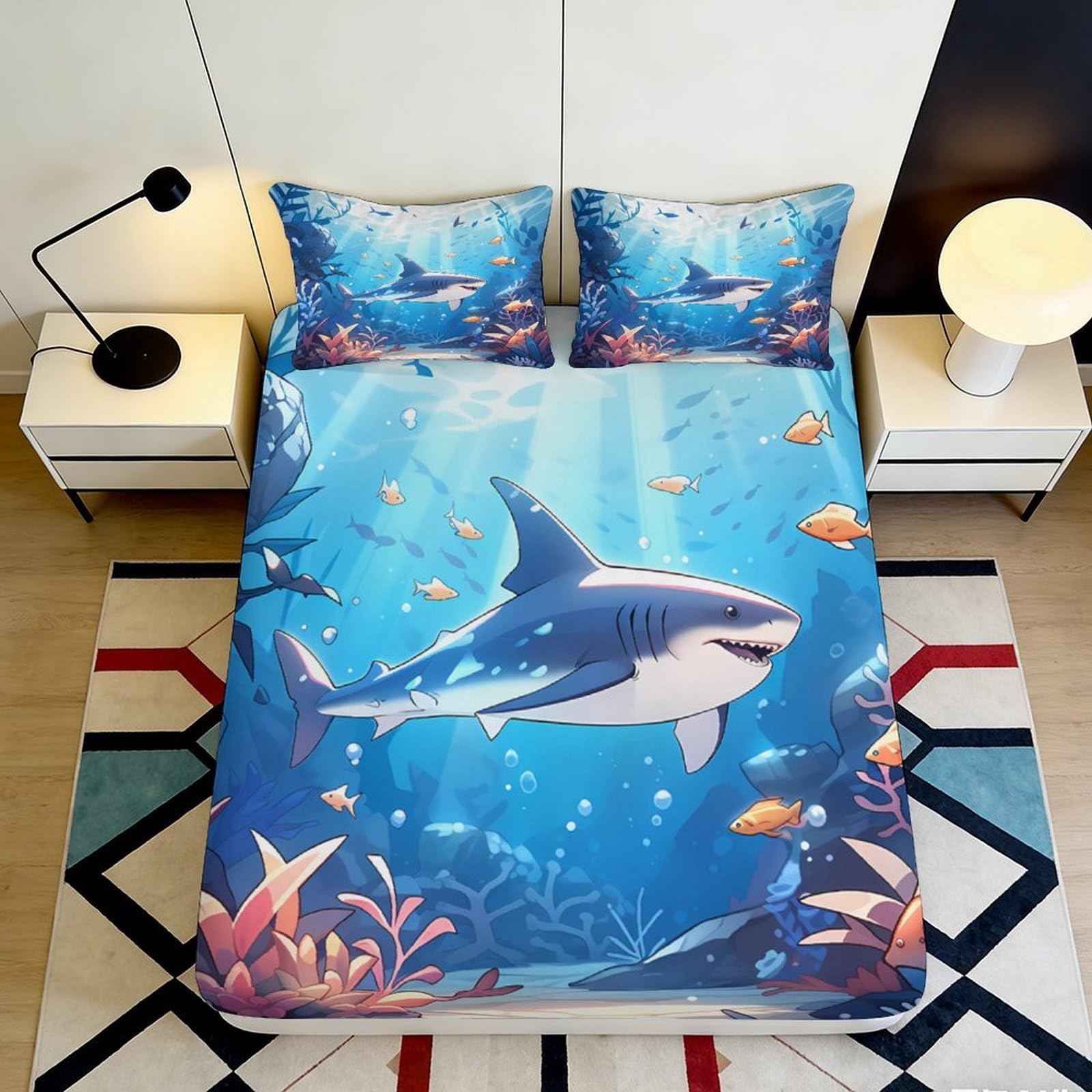 3D Printed Ocean Shark Fitted Sheet Microfiber Soft Blue Underwater Bed Cover for Bedroom Guest Room Decor 90x200x25cm