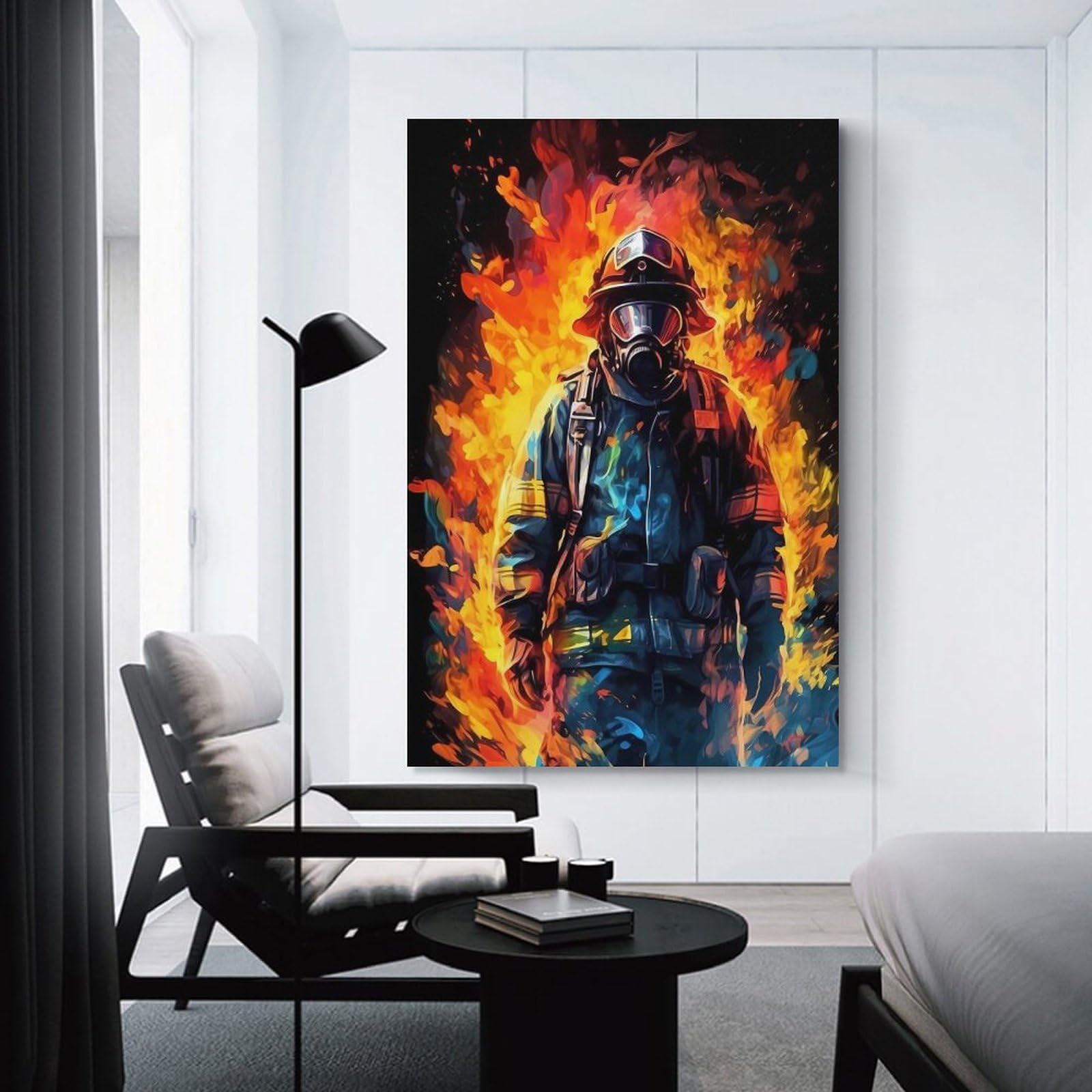 Junmoney Firefighter Artwork Wall Decor Canvas Print, 24x36inch(60x90cm), for Wall Displays, Bedrooms Or Room Updates, Wall Decor Suited to Curated Displays