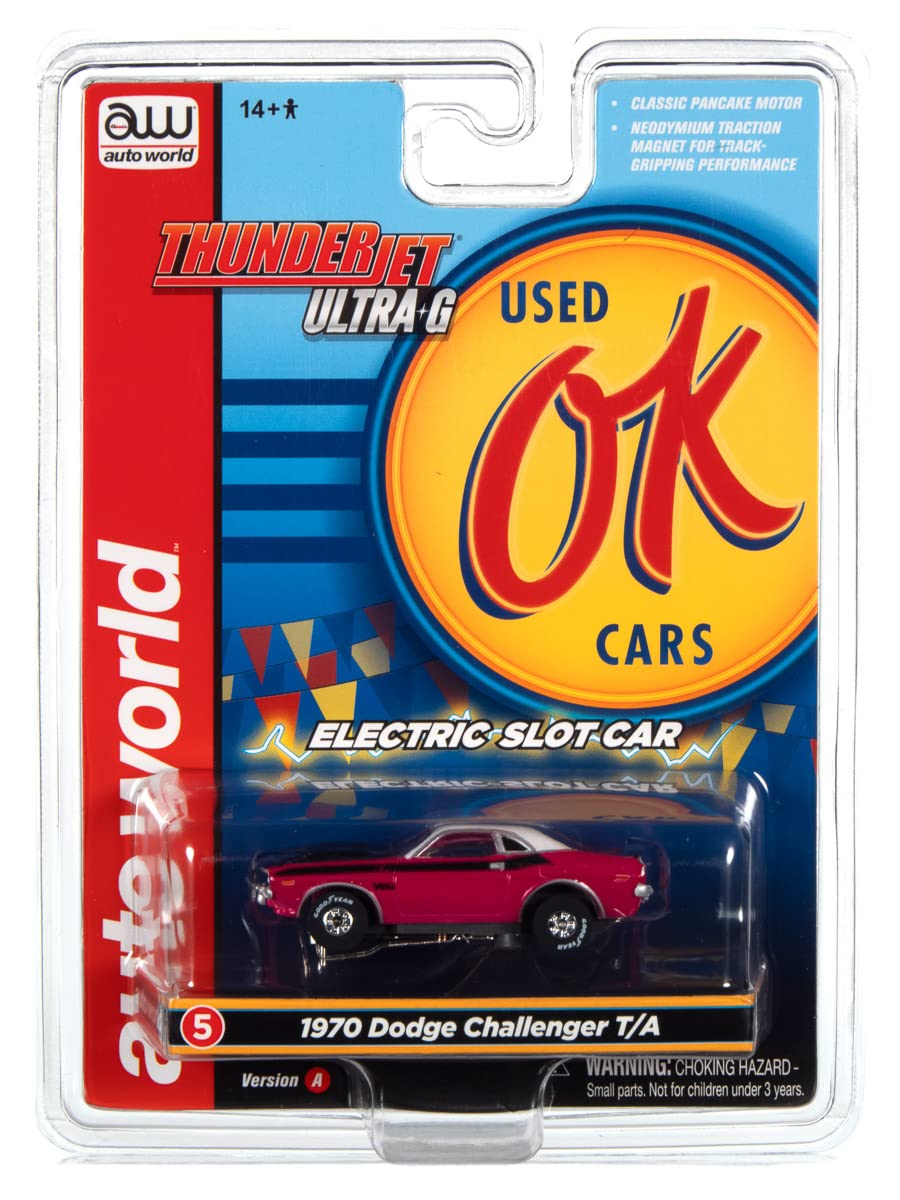 AW AUTO WORLD Thunderjet OK Used Cars 1970 Dodge Challenger T/A Panther (Pink) HO Scale Slot Car