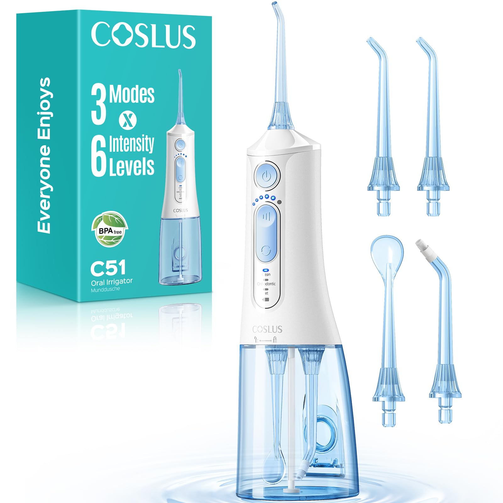 COSLUS C51 Portable Water Flosser for Teeth: 3 Modes & 6 Pressure Settings with Jet Mode Water Dental Pick for Orthodontic, Braces, Sensitive Gums, Compact for Travel, for Multiple Users, ADA Accepted