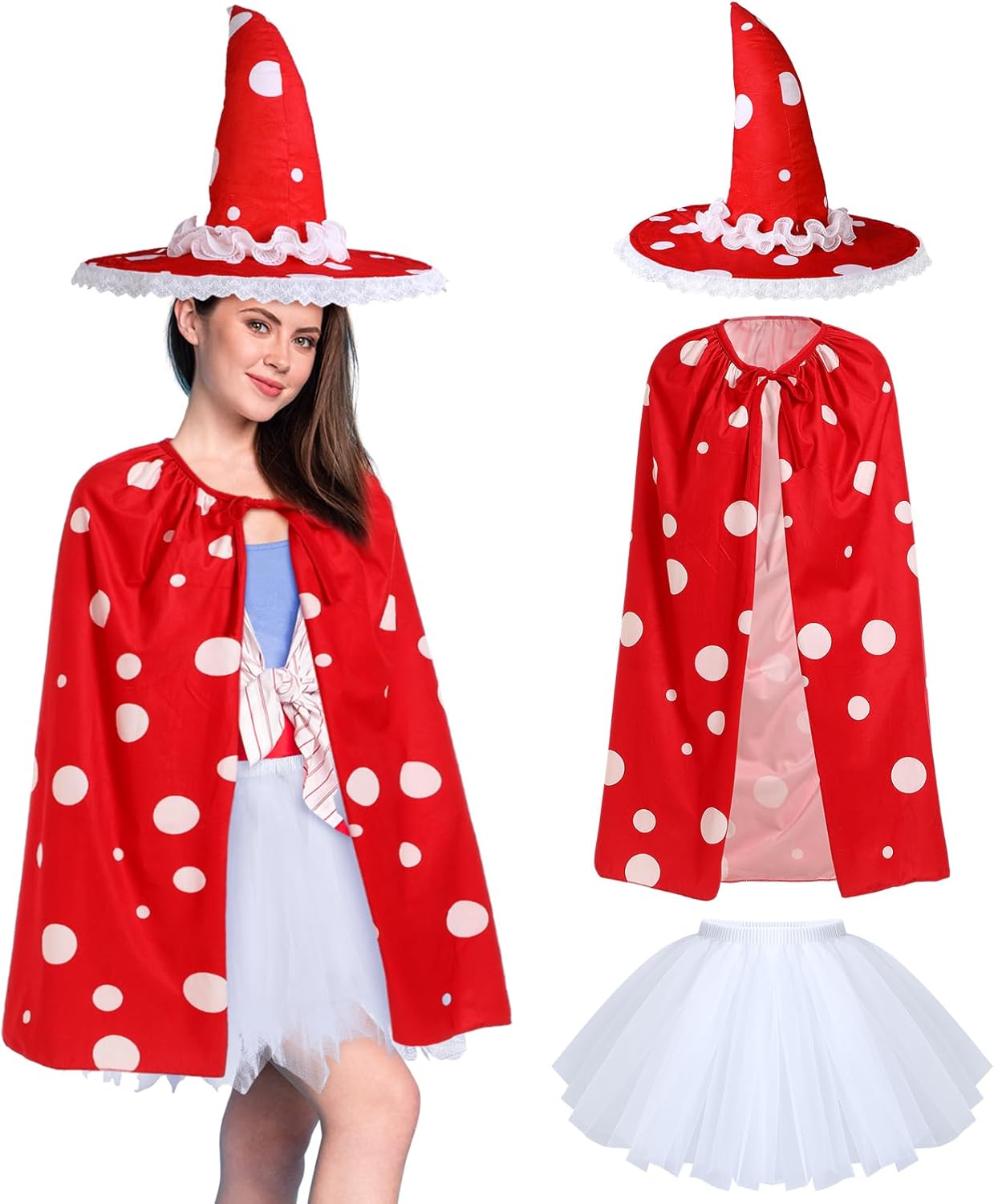 Set of 3 Halloween Mushroom Costume Women Renaissance Fair Dress Mushroom Accessories Witch Hat with Cape, White Skirt Medieval Victorian Fairy Cosplay Costume for Women Dress