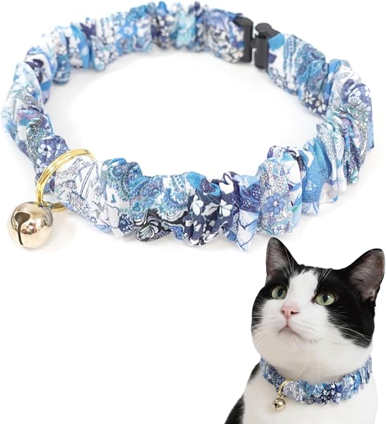 【超軽量 シュシュ首輪】猫用 首輪 子猫・成猫対応 軽量 セーフティバックル付き 安全設計 日本製 ストレスフリー リバティ生地使用 Liberty 花柄 おしゃれ 可愛い Nonbillie(ノンビリー)(Archive patchwork(アーカイブパッチワーク)ブルー, Sサイズ) - 1