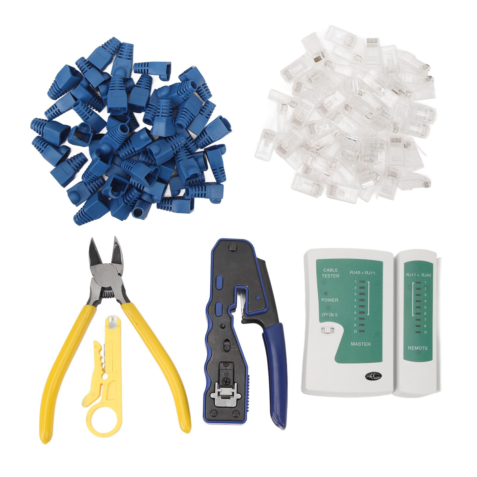 Aramox Testeur de Câble, Pince à Sertir RJ45 en Acier, Kit d'outils de Sertissage avec 50 Connecteurs Traversants, Dénudeur de Fil et Coupe-fil pour Installateur Cat5e Cat6 Cat6a