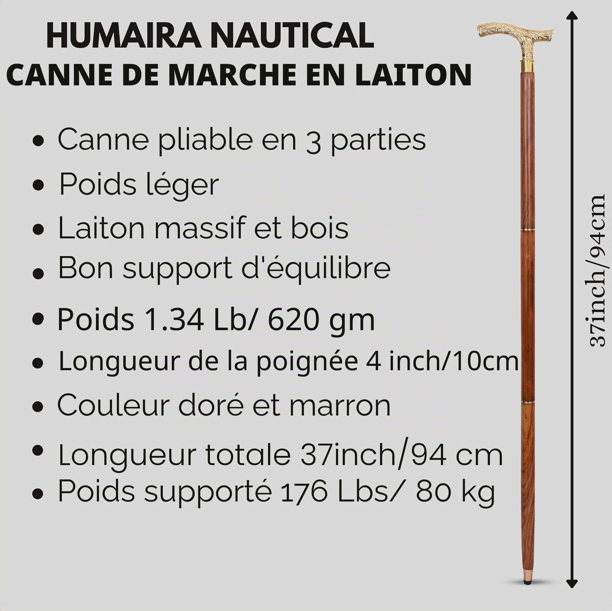 Canne de marche en laiton vintage – Canne en bois faite à la main avec poignée en laiton massif – Canne de marche de style antique à collectionner pour hommes, femmes et seniors – Idée cadeau unique
