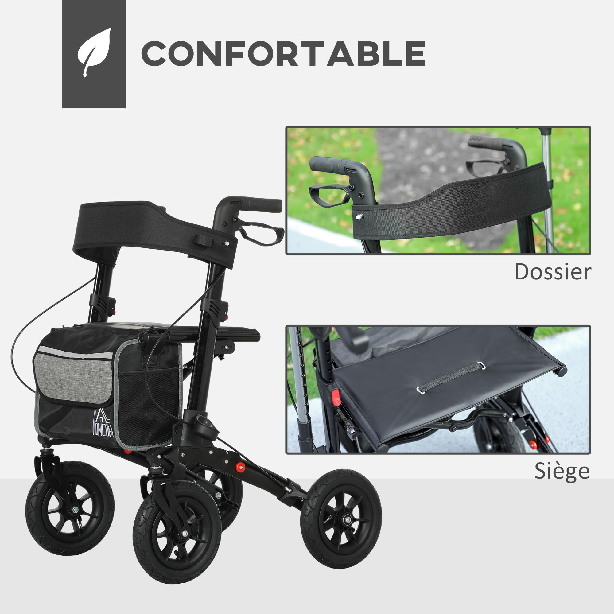 HOMCOM Déambulateur 4 roues pliable, rollator en aluminium léger, siège rembourré, dossier, poignée réglable, sac rangement, double frein, roues tout-terrain, déambulateur pour personnes âgées, noir