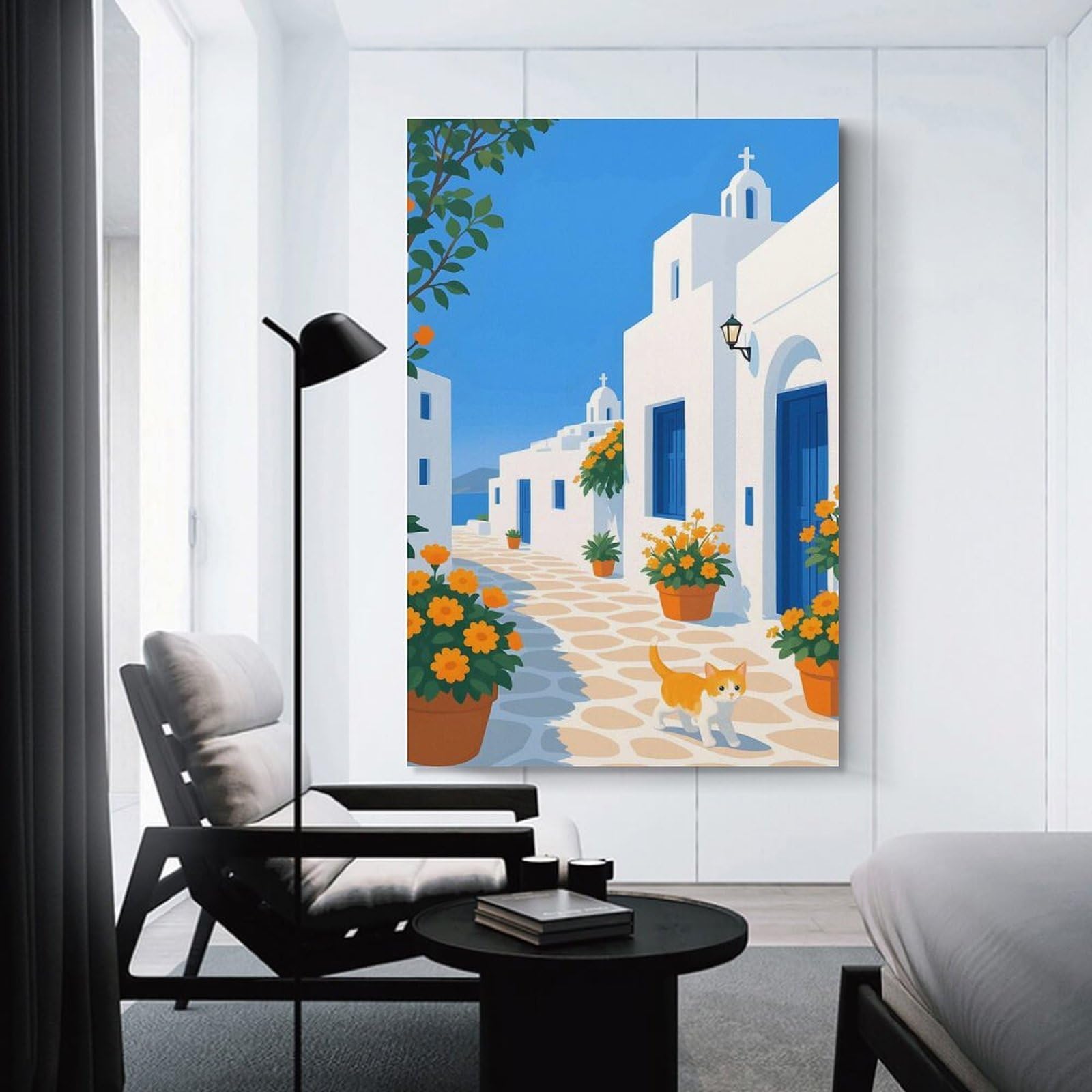 Junmoney Greek Island Street with Cat Hanging Wall Art, 24x36inch(60x90cm), for New Homes, Bedrooms Or Workspaces, Thoughtful Wall Decor for Art Lovers