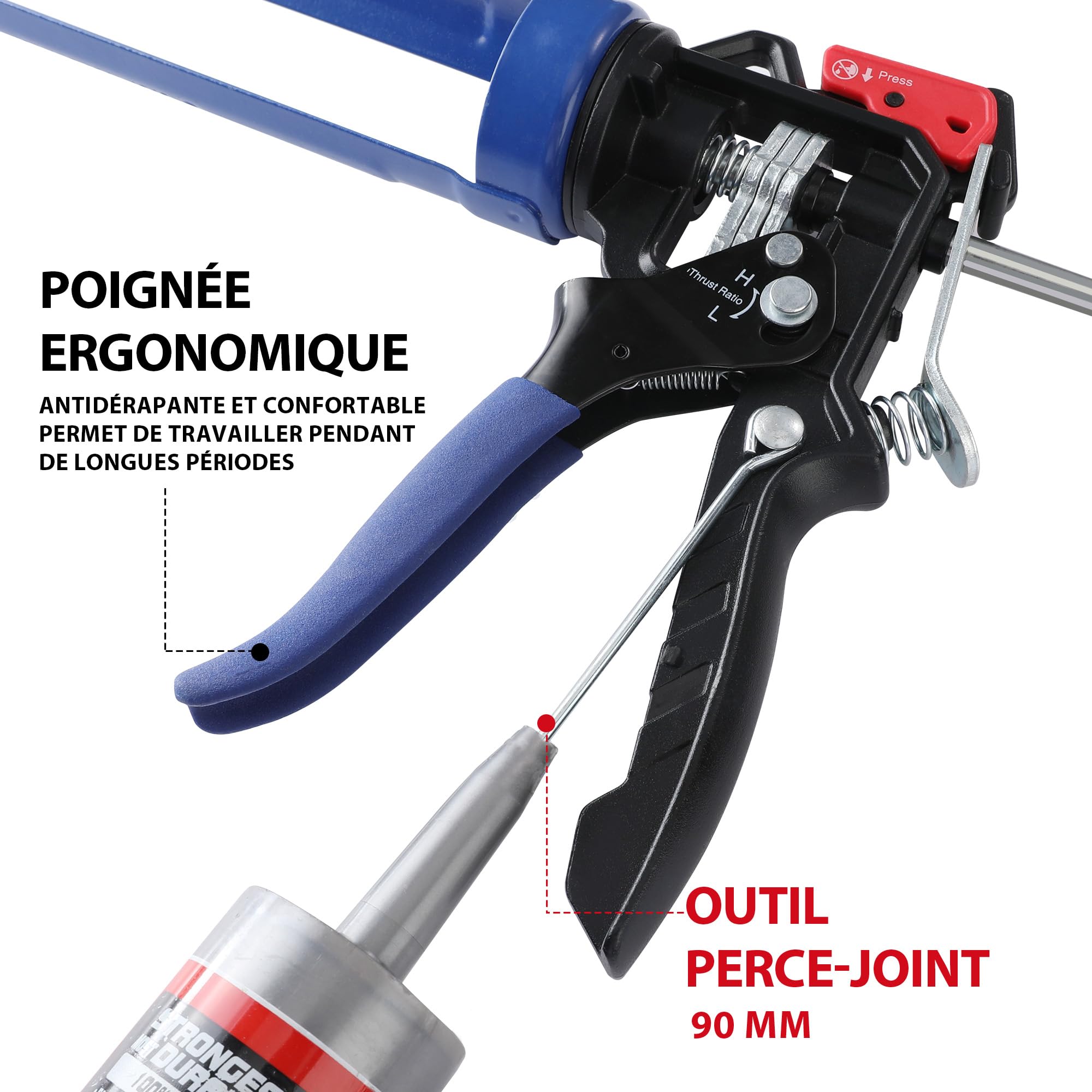 WORKPRO Pistolet à Calfeutrer Silicone en Métal avec 2 Modes de Rapport de Poussée, Transmission de Force 9:1 et 18:1, Pistolet à Cartouche pour Cartouches de Silicone et d'Adhésif de 295ml
