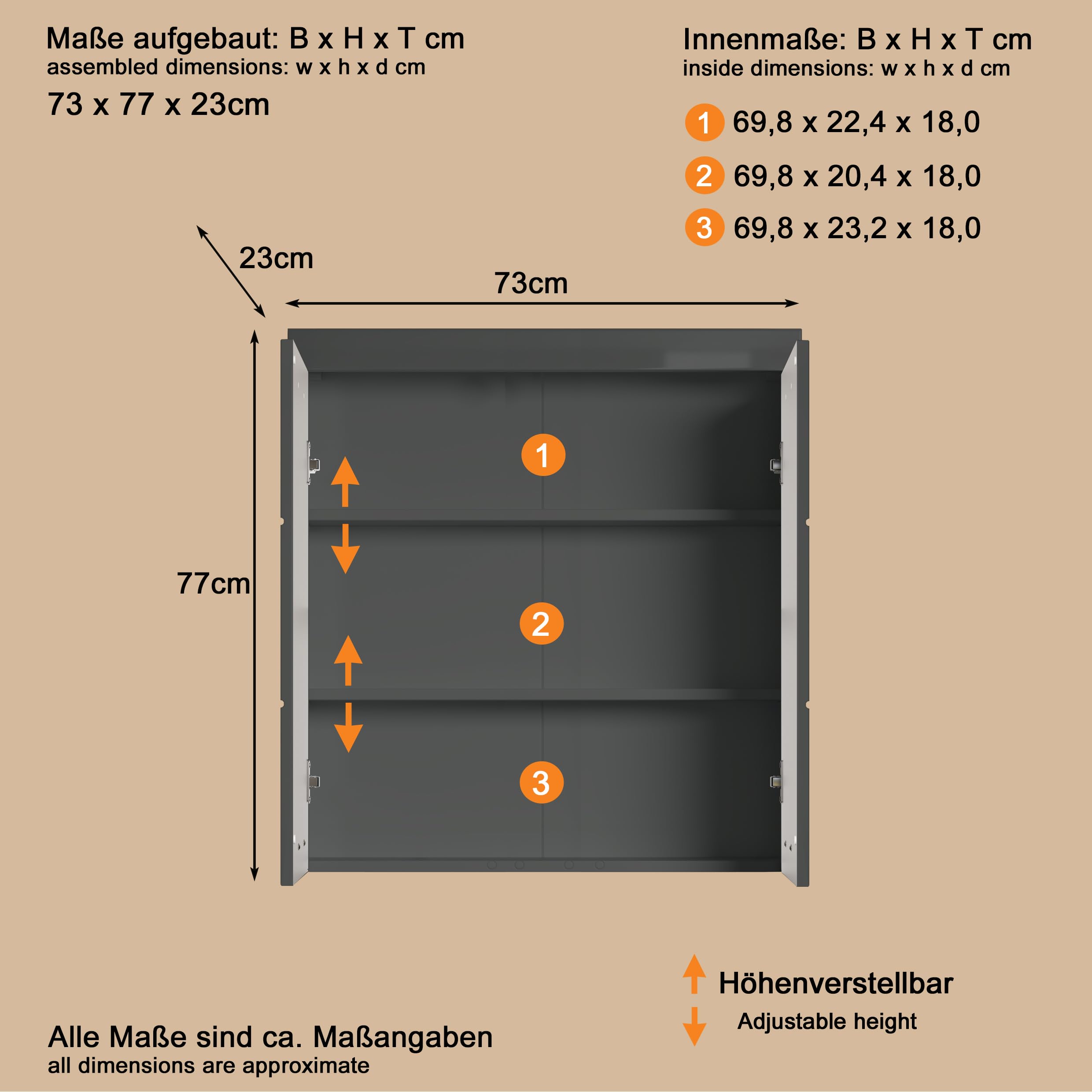trendteam smart living - Amanda - Hängeschrank breit - Agave Grau Hochglanz - 2 Einlegeböden - (BxHxT) 73 x 77 x 23 cm - Kratzfest