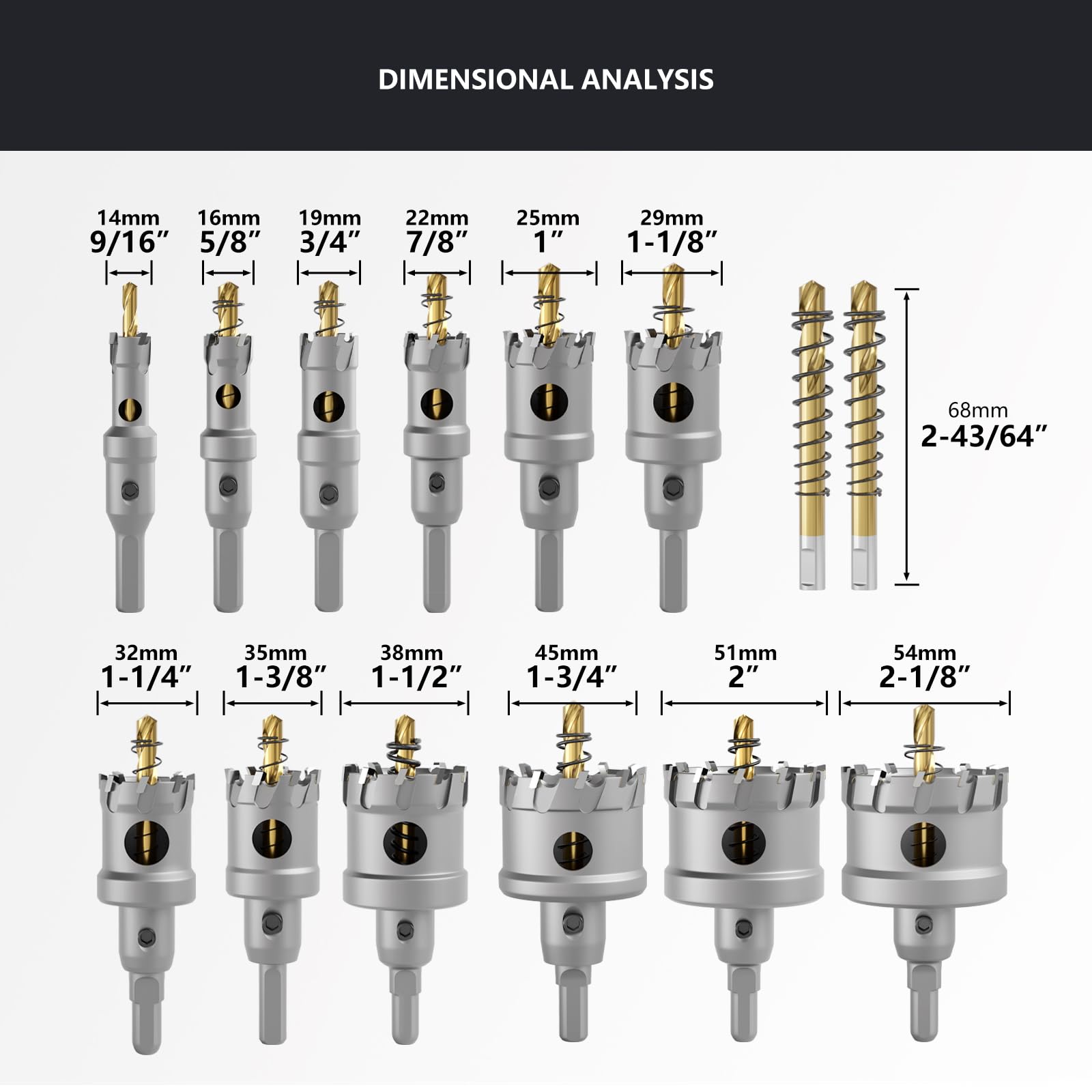 CSOOM Upgrade Hochleistungs-Hartmetall-Lochsäge 14 stück,TCT Lochschneider, mit 2 * Extra Titan-beschichtete Pilot-Center-Bohrer und 2 * L-Schlüssel.Edelstahl und Metallgitter sind die ideale Wahl
