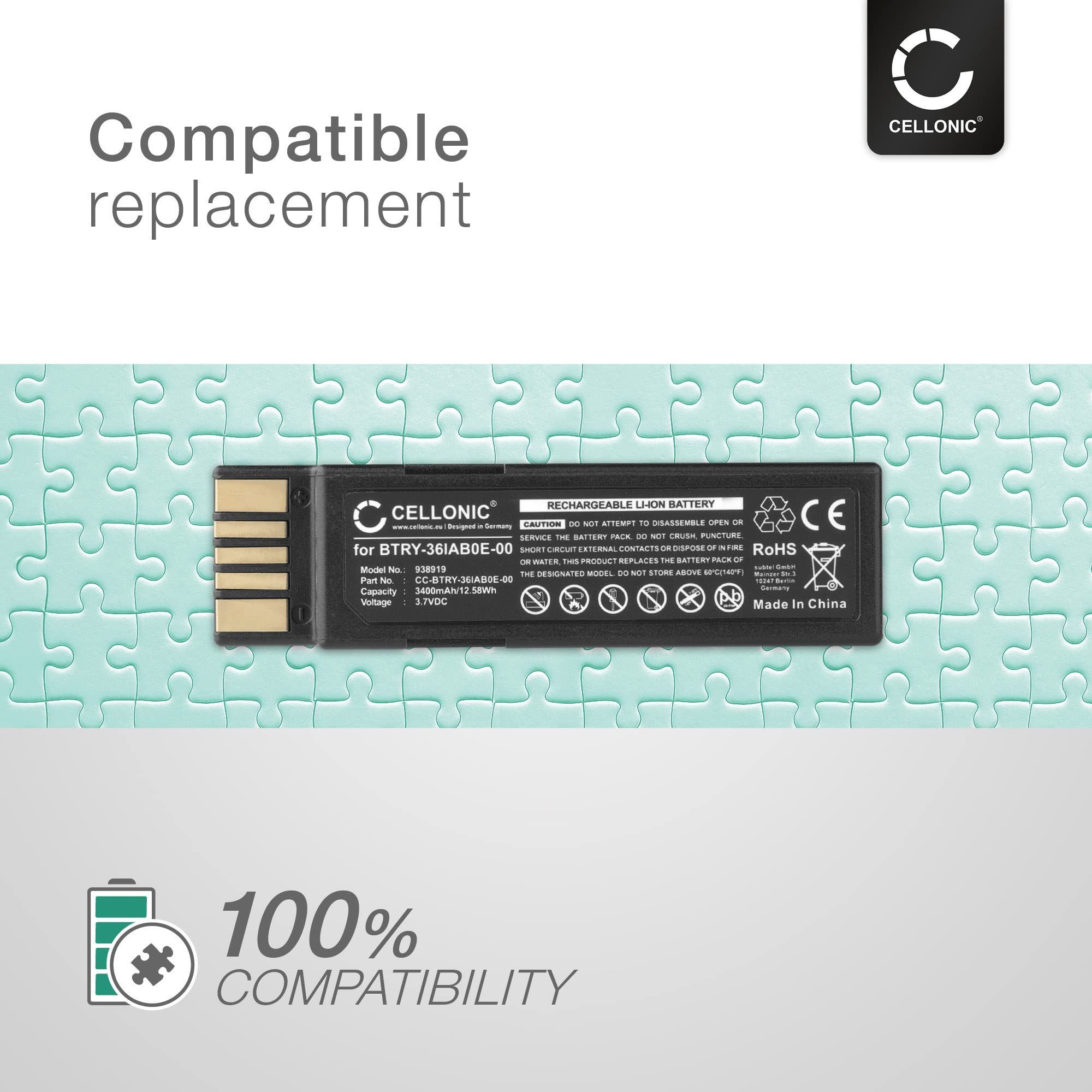 CELLONIC 1x Akku für Barcode Scanner Kompatibel mit Zebra DS3678, LI3678, DS3600 - (3400mAh, 3.7V)