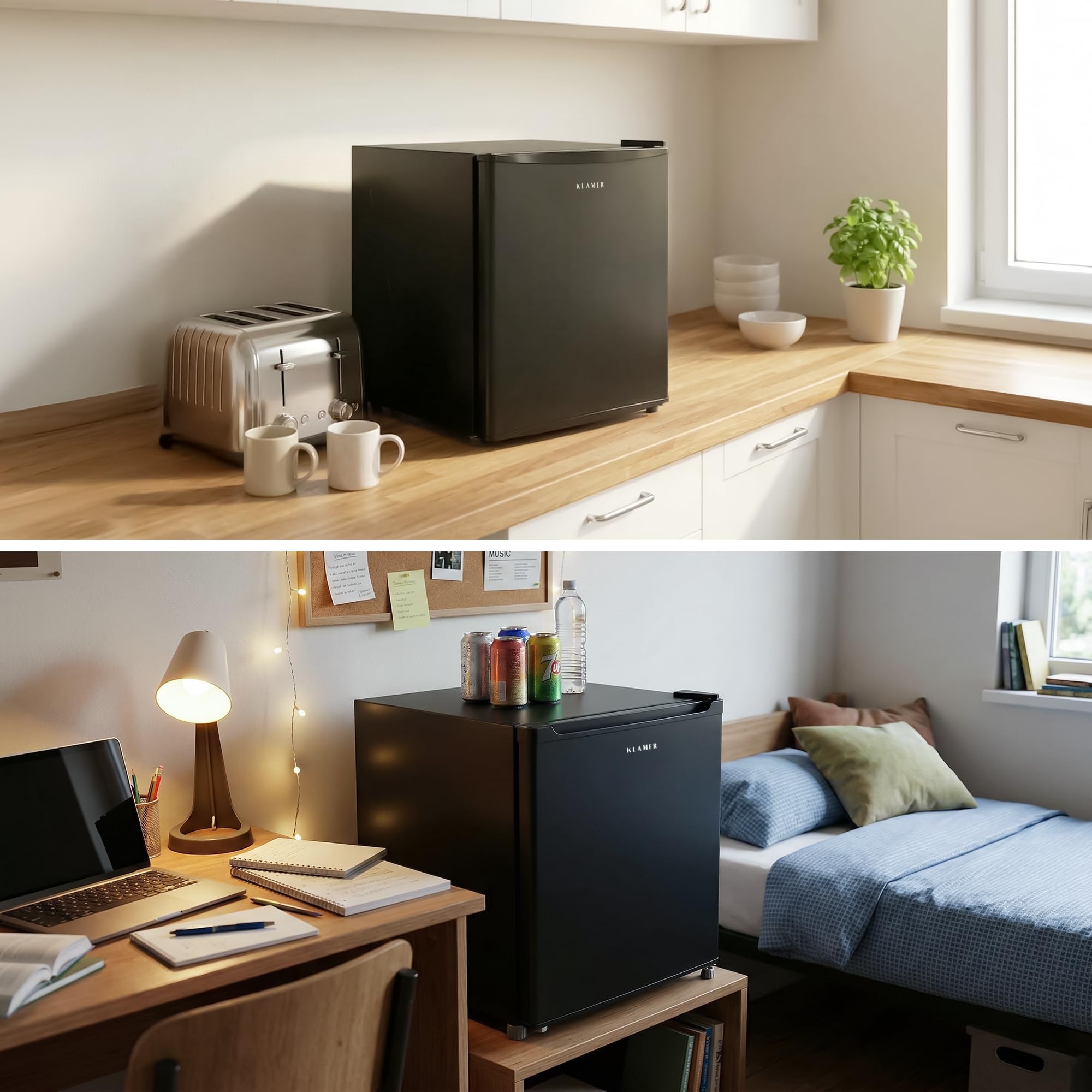 KLAMER Mini Kühlschrank 43 L, Kleiner Kühlschrank Schwarz, 6 Kühstufen, Kompressor, Schnellkühlfach, Herausnehmbares Gitter, Minibar, Kühlschrank Klein