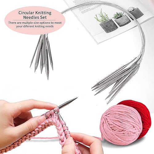 Miniatura 4 de Juego de 9 agujas de tejer circulares de acero inoxidable de 0.098-0.394 in de diámetro, doble punta de metal, agujas de tejer para hacer suéter,