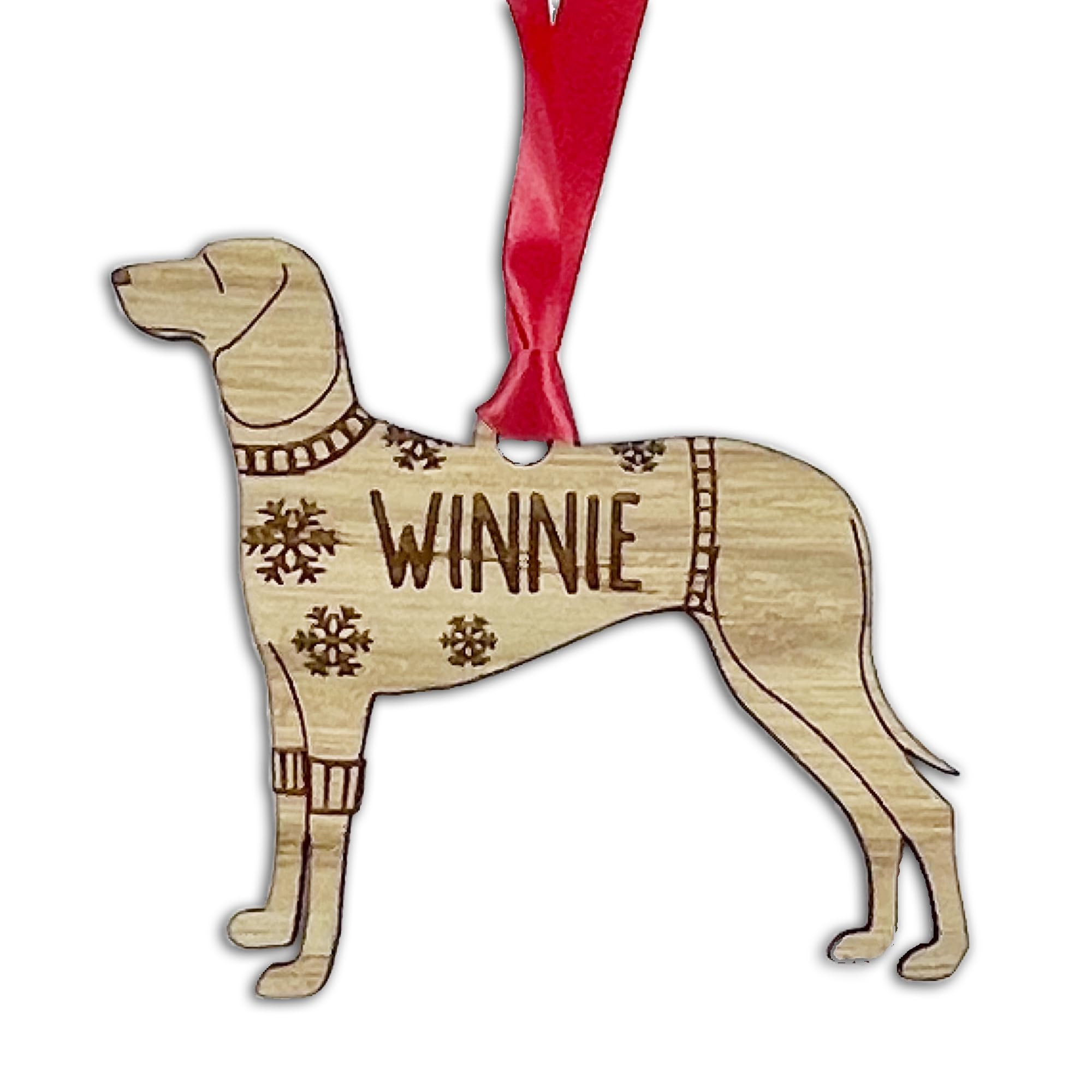Personalised Weimaraner Dog Christmas Tree Bauble, Jumper with Snowflakes Design, Oak Veneer Wood or White Wood Decoration with Red Ribbon (Oak Veneer, Decoration Only)