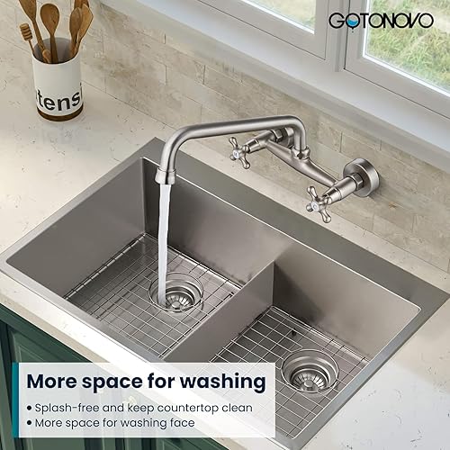 Miniatura 3 de gotonovo Grifo de montaje en pared de níquel cepillado de 8 pulgadas, 2 pomos cruzados, mango victoriano comercial con boquilla de 9 pulgadas