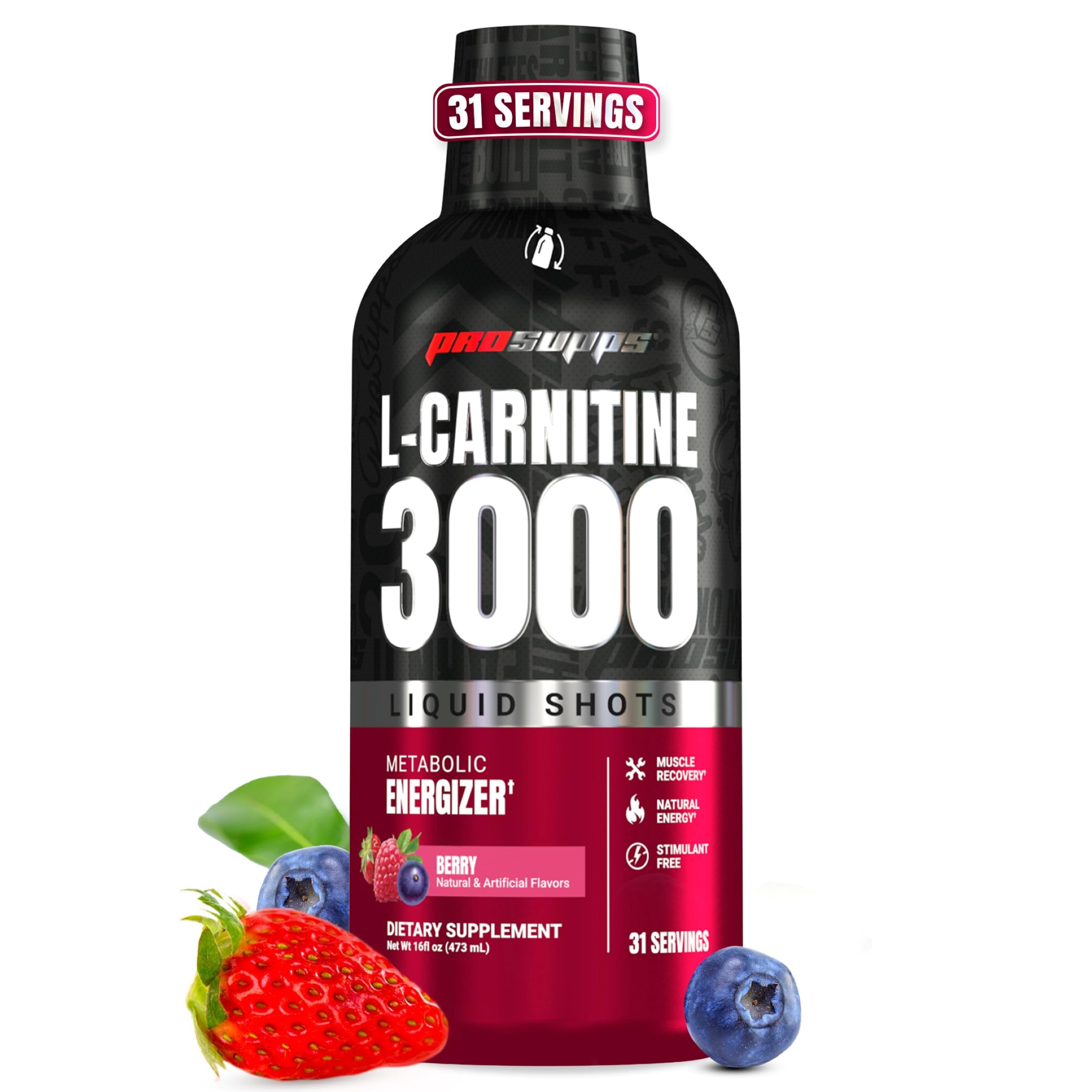 PROSUPPS L-Carnitine 3000 Stimulant Free Liquid Shots for Men and Women - Workout Drink for Performance and Muscle Recovery (31 Servings, Berry)