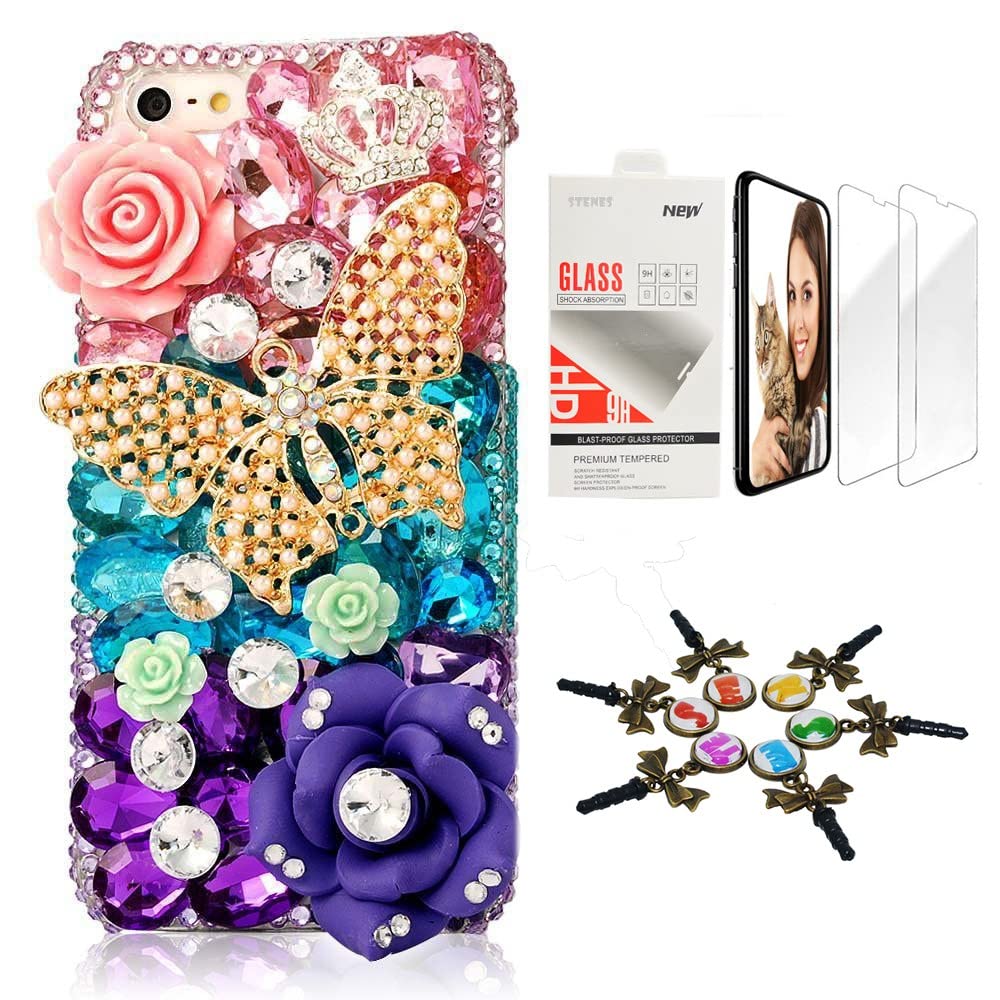 STENES Bling Case Compatible with iPhone 11 Pro - 3D Handmade [Sparkle Series] Butterfly Crown Rose Flowers Cover with Screen Protector [2 Pack] - Colorful