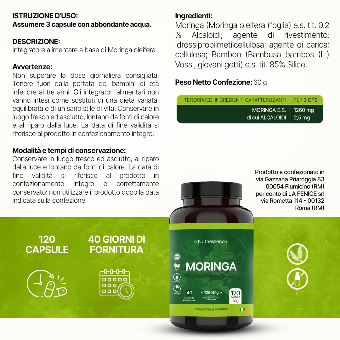 Moringa Pura 1260 mg | Maxi Formato da 120 Capsule | 1+ Mese di Rifornimento | Dosaggio Extra Biologica per Energia, Difese Immunitarie e Benessere Naturale | No Glutine e Lattosio