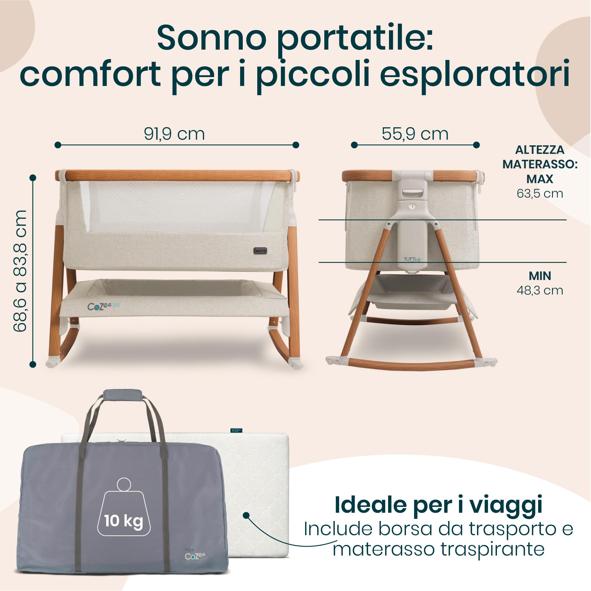 Tutti Bambini CoZee® Air Culla Neonato e Culla Co-sleeping - Con Borsa Trasporto - Chiusura Rapida - Materasso Traspirante - 6 Altezze Regolabili - 0-6 Mesi (Noce & Ecrù)