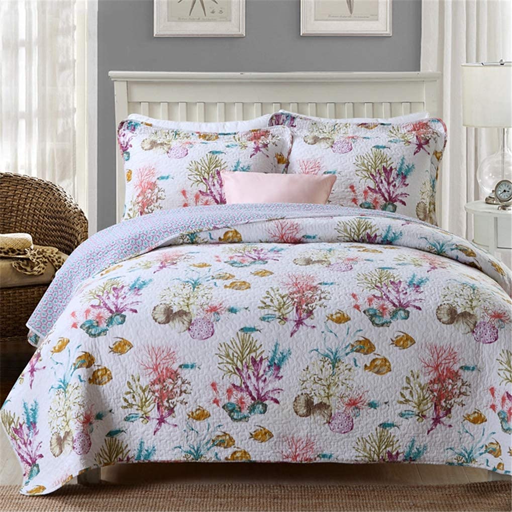 Couvre-lit matelassé King Size 230x250 cm avec 2 taies motif vie marine