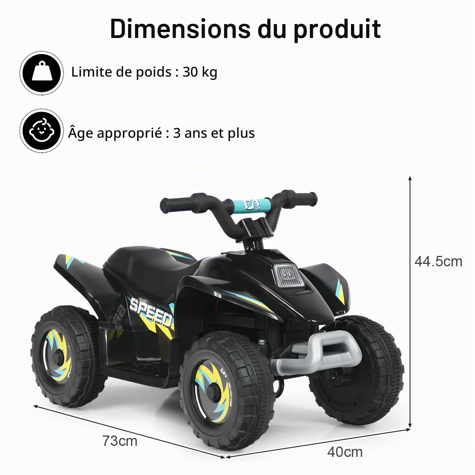 SOARS Voiture Electrique Enfant, Quad Electrique Enfants ATV 6V, Marche Avant/Arrière, Siège Ergonomique, Roues Antidérapantes, Chargeur Inclus, Charge 30 KG, pour Garçon & Fille 3 Ans + (Noir)