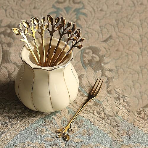 Miniatura 2 de Gold Leaf - Cuchara de café expreso para aperitivo, tenedor de postre, helado para té, azúcar, tenedor para pastel de frutas, acero inoxidable de