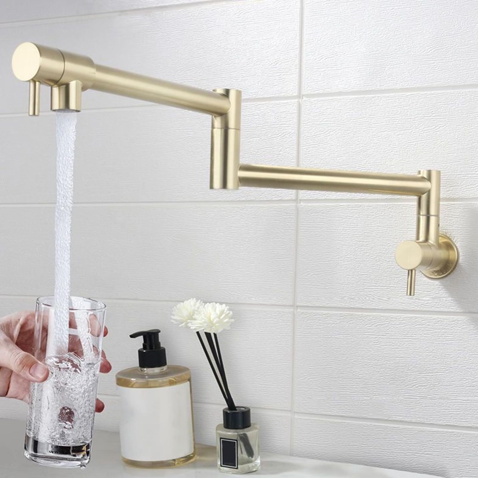 Grifo Cocina Pared Agua Fria Brazo Oscilante de Doble Sección Orificio Único Grifos de Llenado de Ollas Telescópico Plegable Acero Inoxidable,Oro Cepillado