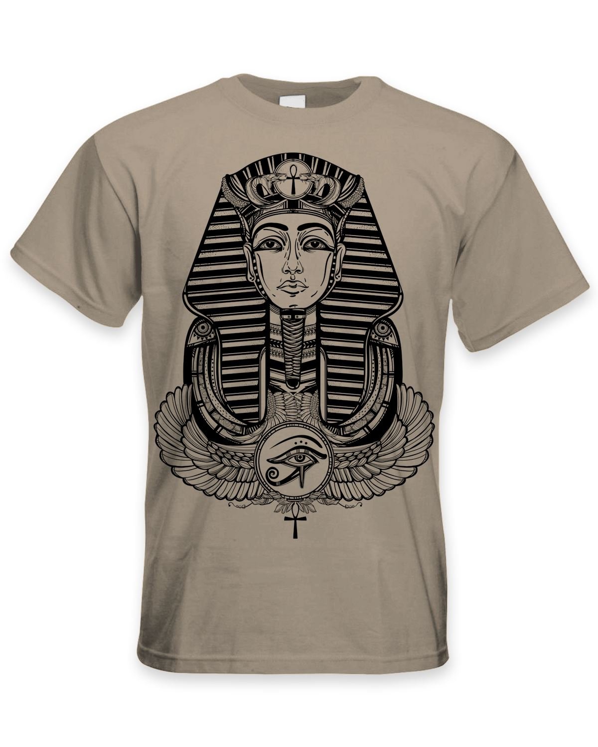 Egyptian Pharoah with Winged Ankh Symbol Large Print Men's T-Shirt (Large, Khaki)