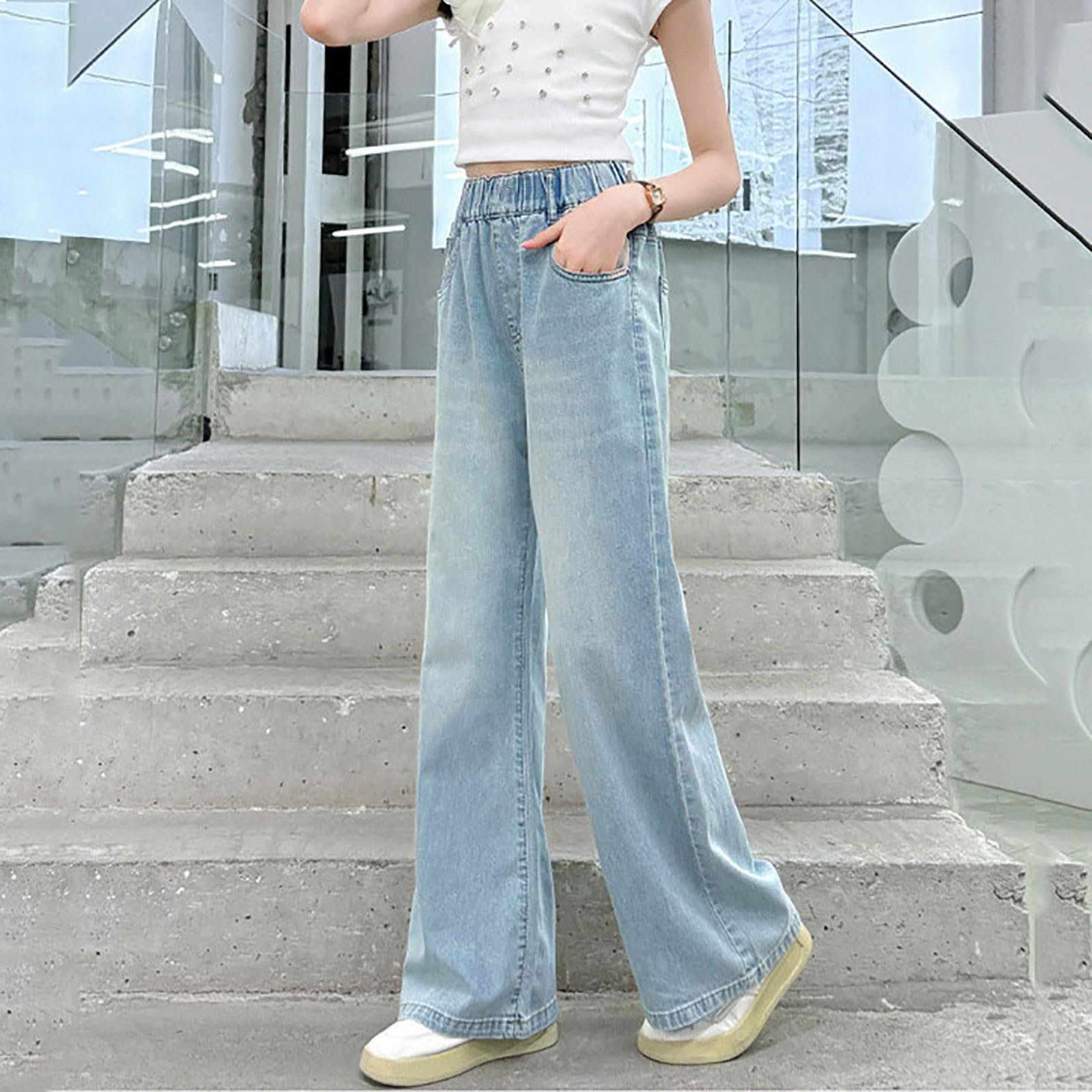 Generico Jeans Bambina 4-15 Anni Baggy Straight Pantaloni Jeans Denim Ragazza con Elastico in Vita Alta Comfort Pantaloni Lavoro Cargo Ampio Invernali con Tasconi Y2K Streetwear