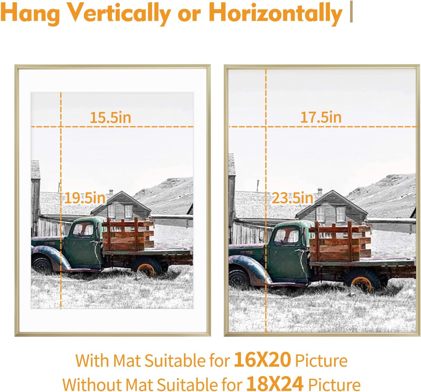 Golden State Art, 18x24 Gold Picture Frame Displays Photo 16x20 with Mat or 18 x 24 Without Mat for Wall Mounting, Classic Satin Aluminum Frames with Real Glass (Pack of 1)