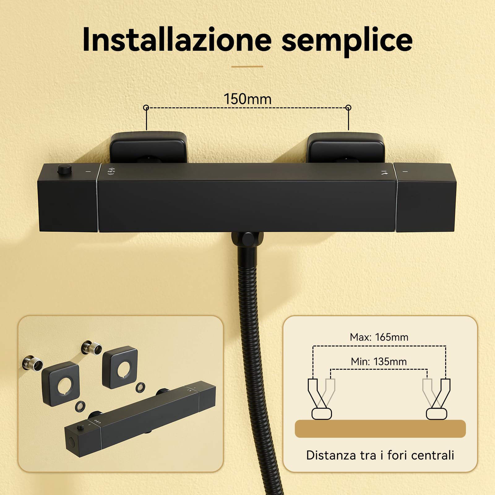 Auralum Miscelatore Termostatico Doccia Nero Rettangolare, Rubinetto Doccia da Muro Esterno, Miscelatore Doccia con Deviatore per Asta Doccia Saliscendi con Soffione e Doccetta, per Vasca da Bagno