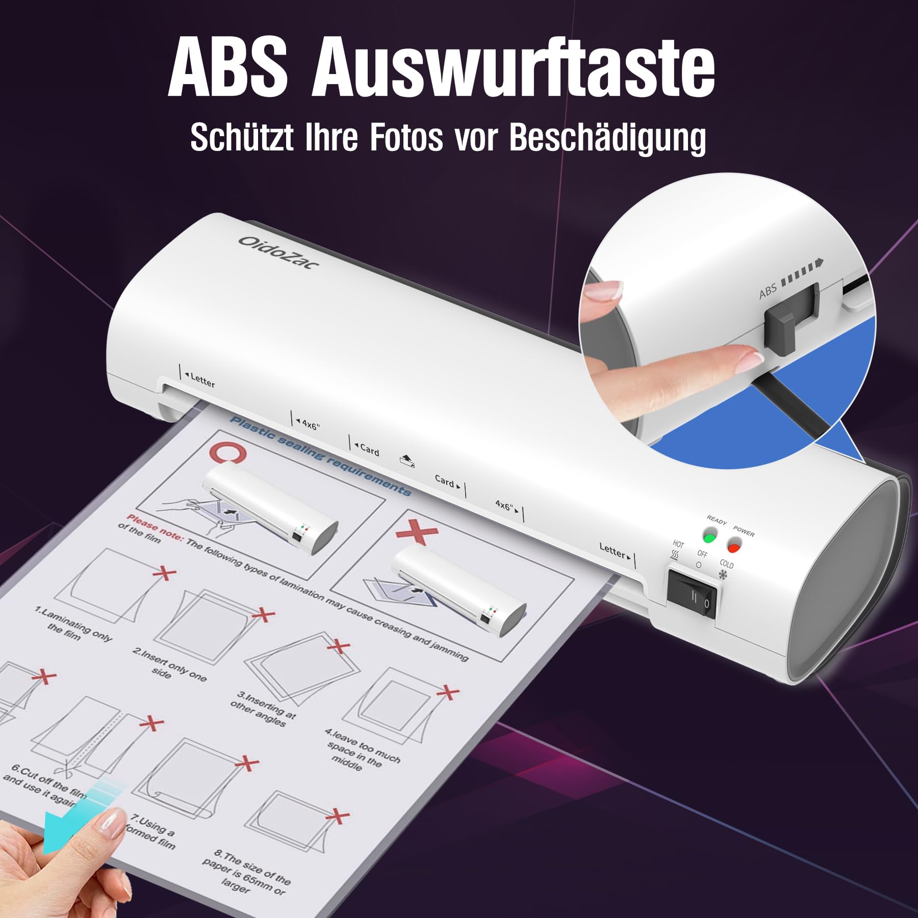 A4 Laminiergerät, 4 in 1 Heiß- und Kaltlaminierung, Laminiergerät mit 15 Laminierfolien, Eckenrunder, Papierschneider, ABS-Funktion Anti-Stau, 80-125 Mic, für Büro, Schule, Zuhause-Weiß
