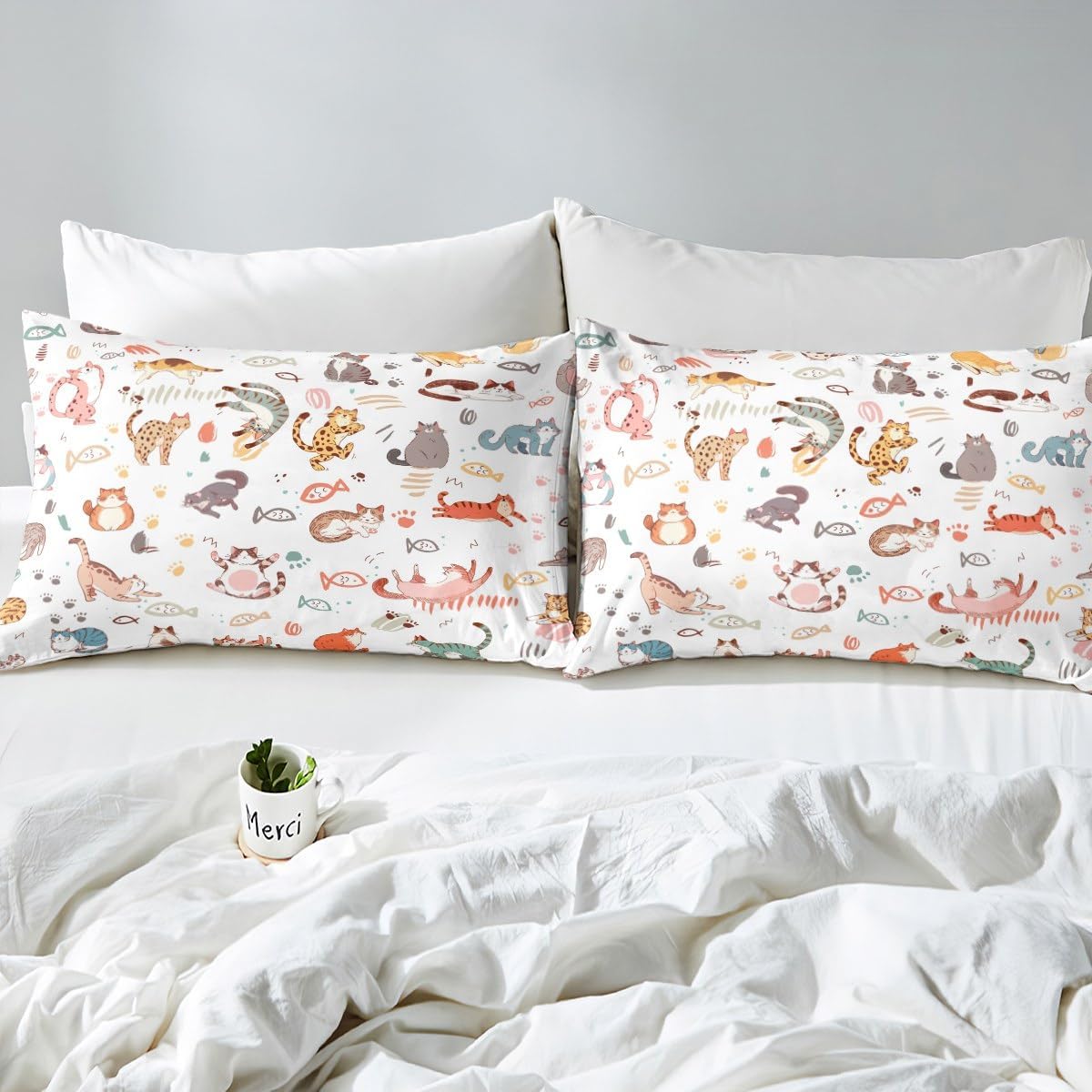 Cute Cat Duvet Cover Set Twin Size Cat Paw Fish Print Bedding Set 2Pcs for Kids Girls Boys Women Bedroom Decor Cartoon Animals Comforter Cover Watercolor Kawaii Quilt Cover, 1 Pillowcase