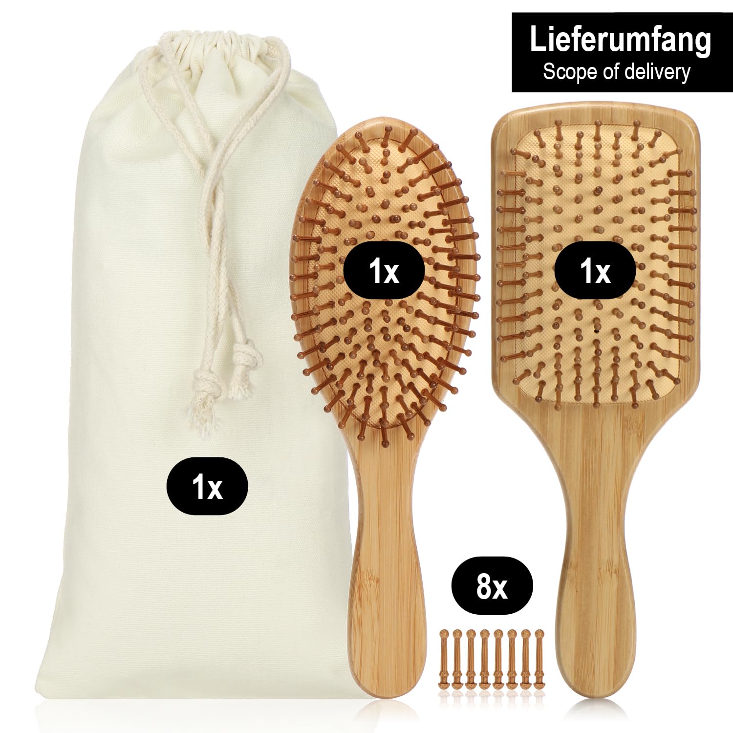 Set da 2 spazzole in bambù con setole naturali – Spazzole paddle ecologiche per donna, uomo e bambino – Massaggio alla cute per capelli sani